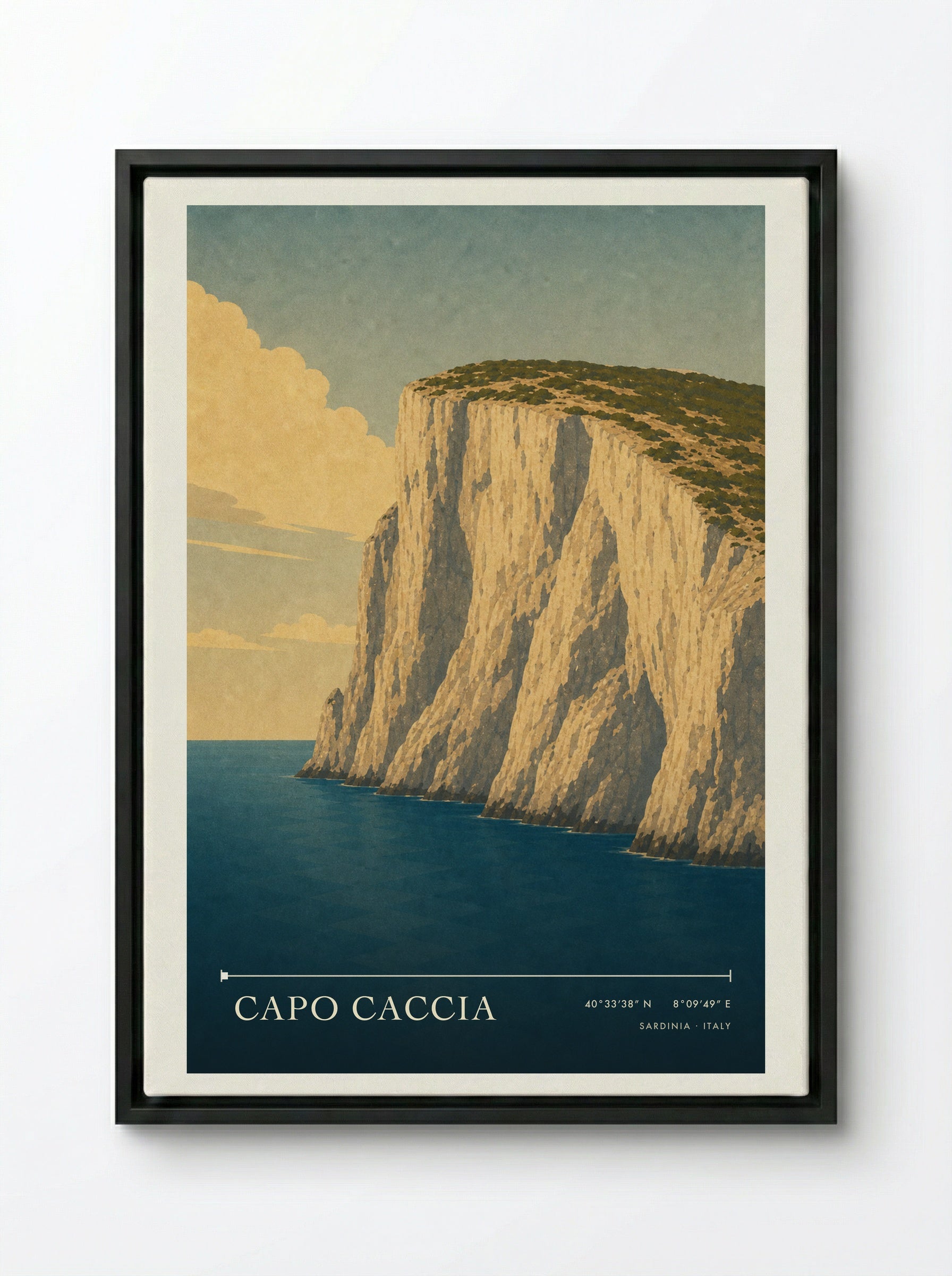 Capo Caccia Travel Poster Artwork - Framed Canvas Black