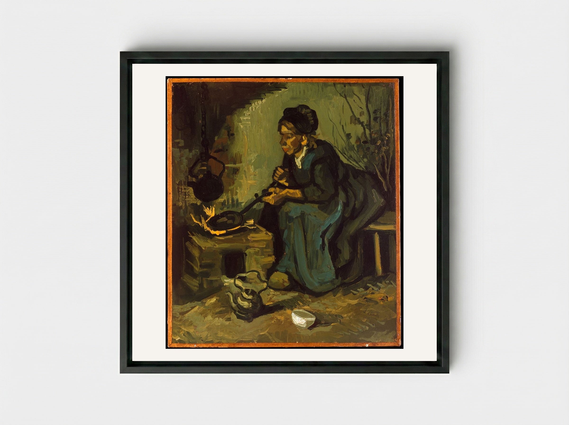Peasant Woman Cooking by a Fireplace - Vincent van Gogh - Framed Canvas Black