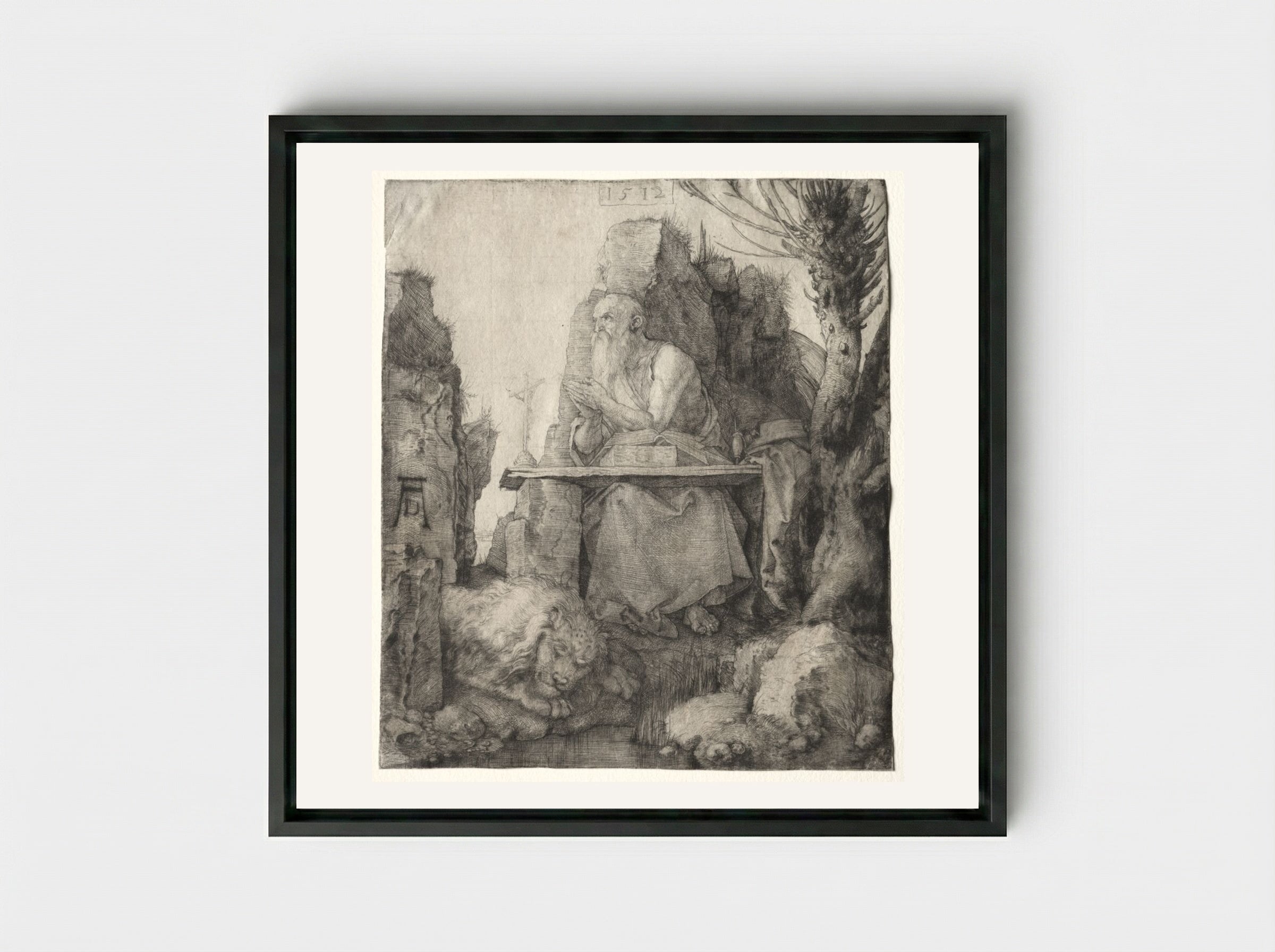 St. Jerome Seated near a Pollard Willow - Albrecht Dürer - Framed Canvas Black