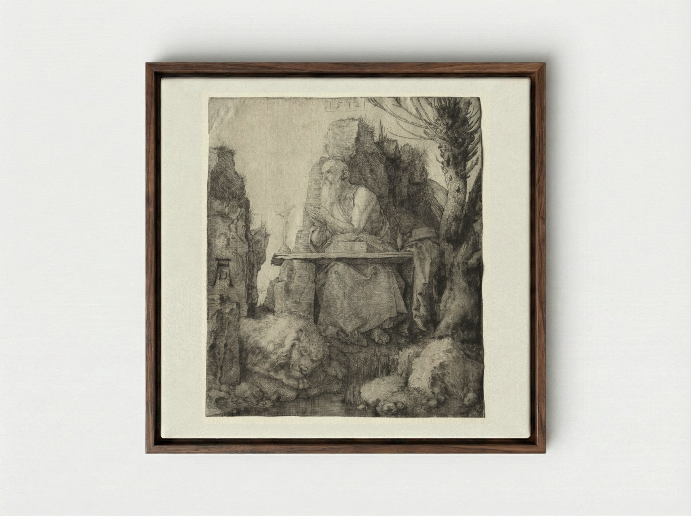 St. Jerome Seated near a Pollard Willow - Albrecht Dürer - Framed Canvas Dark Wood