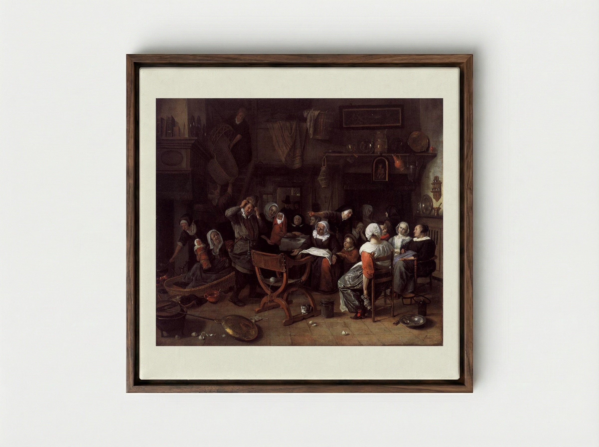 The Twin Birth Celebration - Jan Steen - Framed Canvas Dark Wood