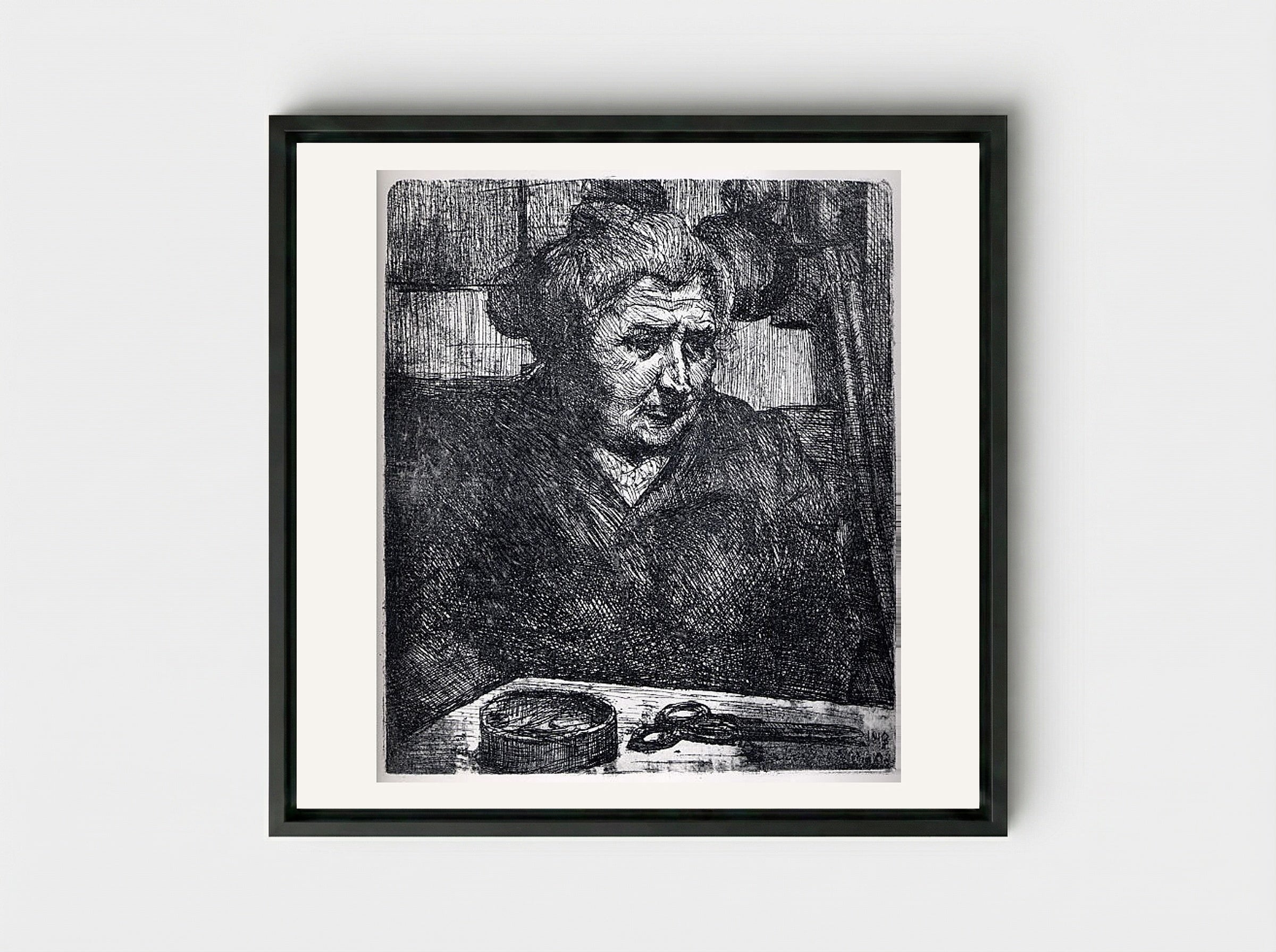 The Artist's Mother at a Table - Umberto Boccioni - Framed Canvas Black