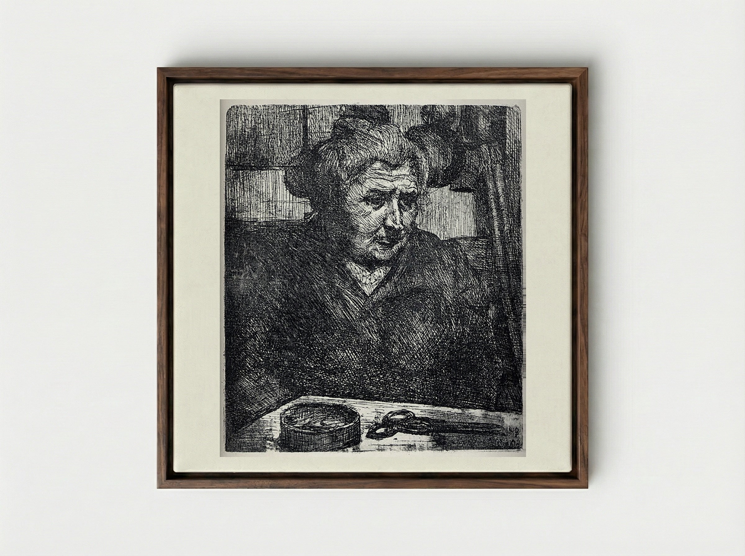 The Artist's Mother at a Table - Umberto Boccioni - Framed Canvas Dark Wood