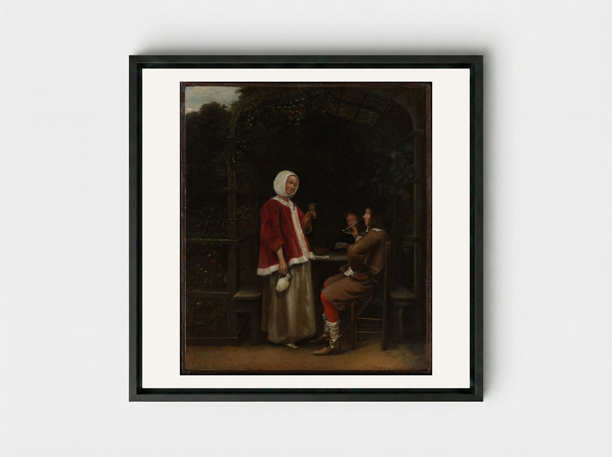 A Woman and Two Men in an Arbor - Pieter de Hooch - Framed Canvas Black