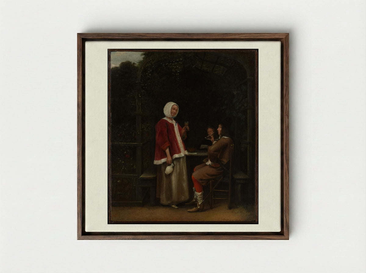 A Woman and Two Men in an Arbor - Pieter de Hooch - Framed Canvas Dark Wood