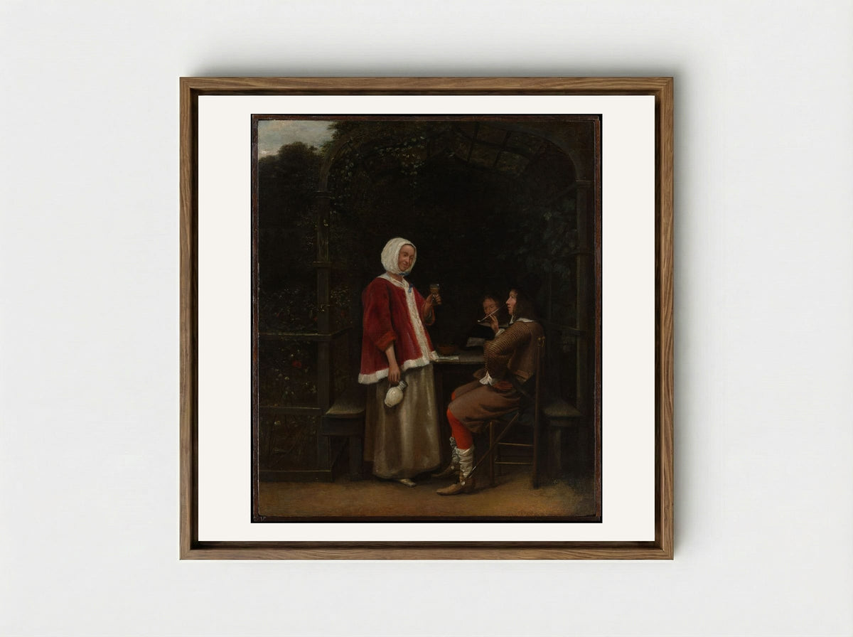 A Woman and Two Men in an Arbor - Pieter de Hooch - Framed Canvas Wood