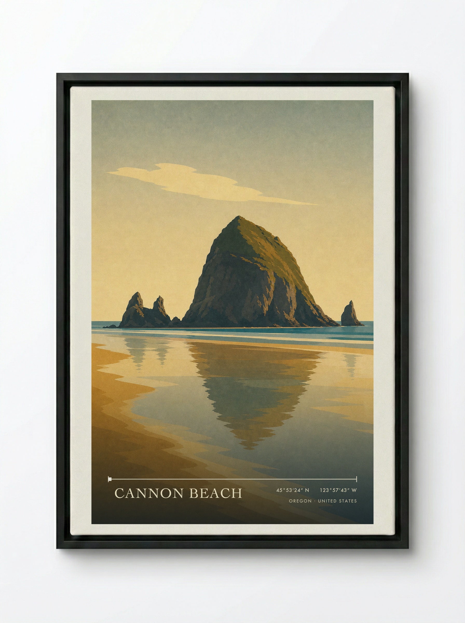 Cannon Beach Travel Poster Artwork - Framed Canvas Black