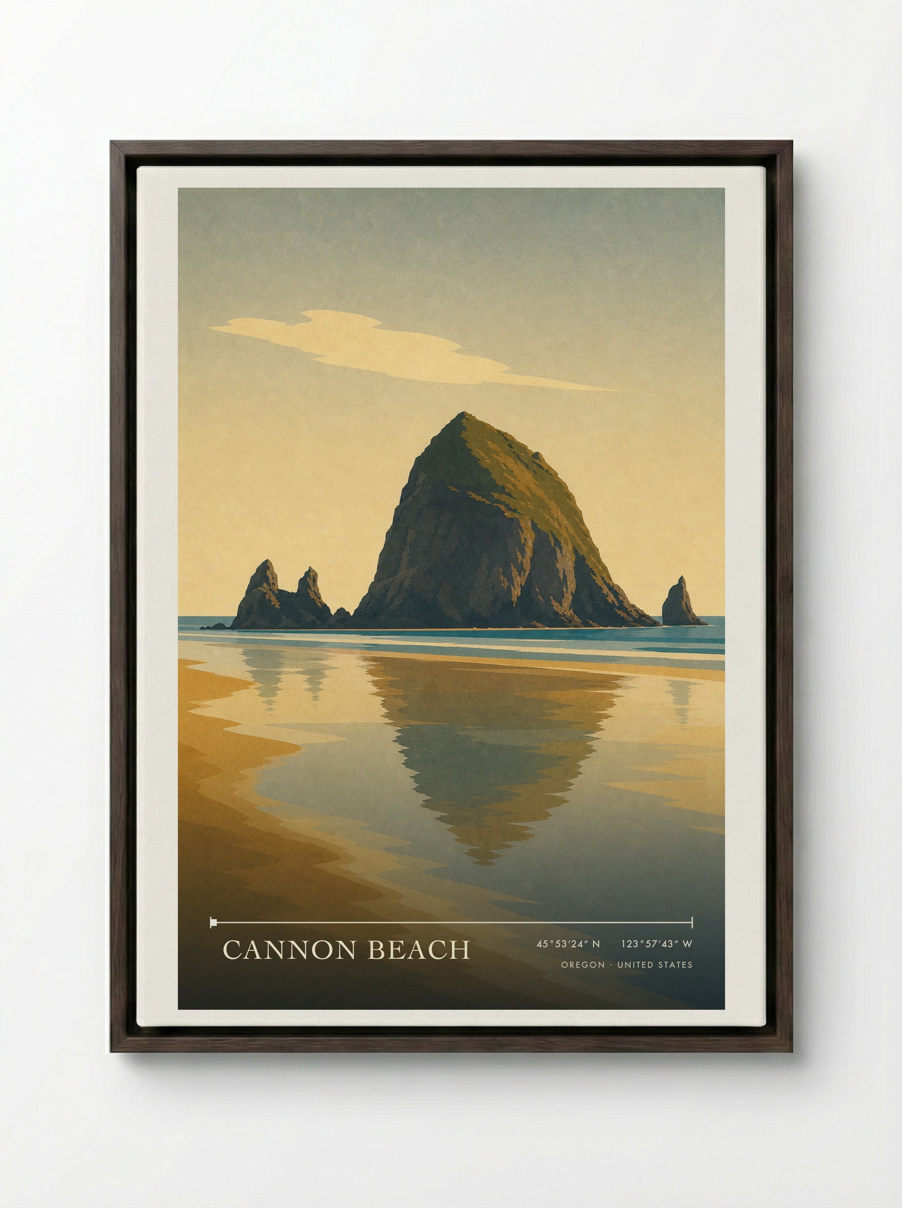 Cannon Beach Travel Poster Artwork - Framed Canvas Dark Wood