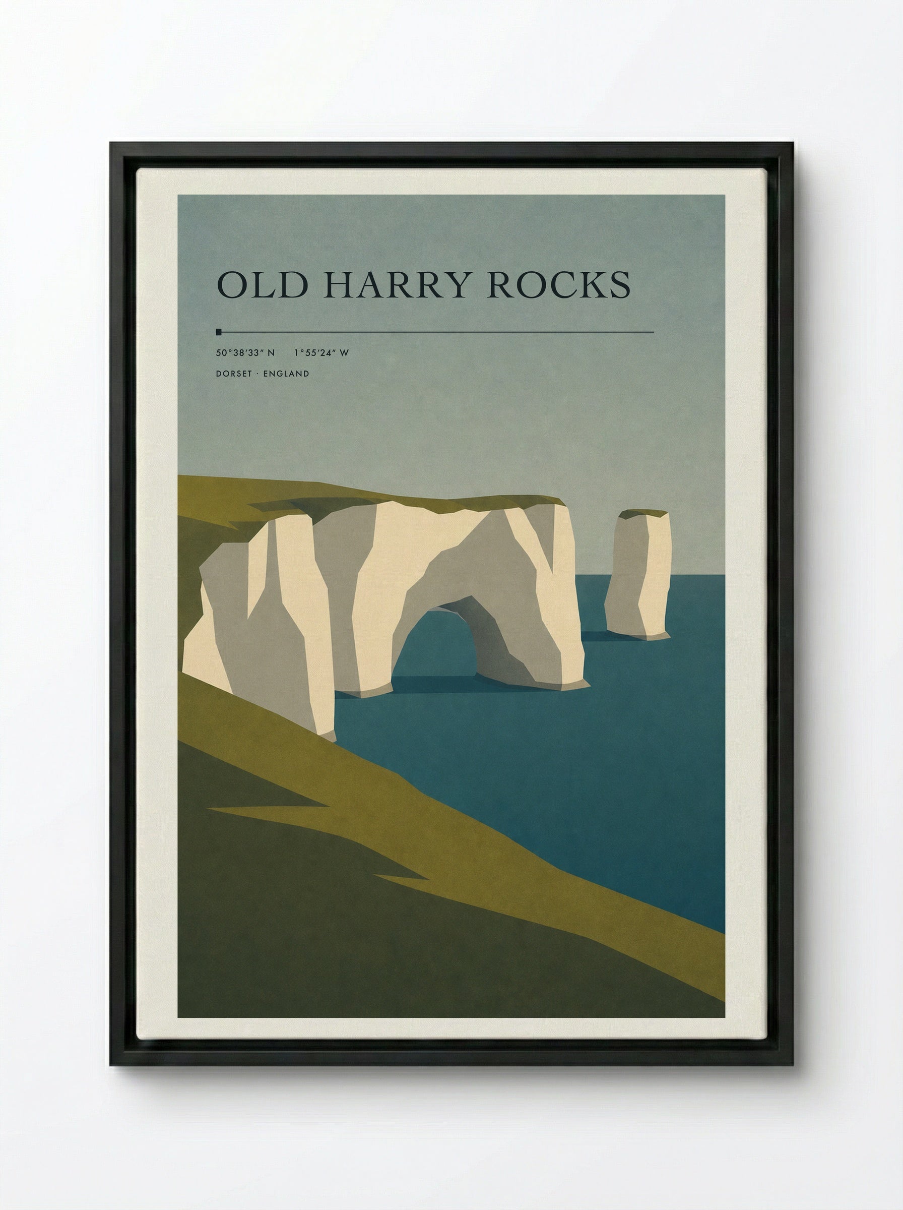 Old Harry Rocks Dorset Travel Poster - Framed Canvas Black