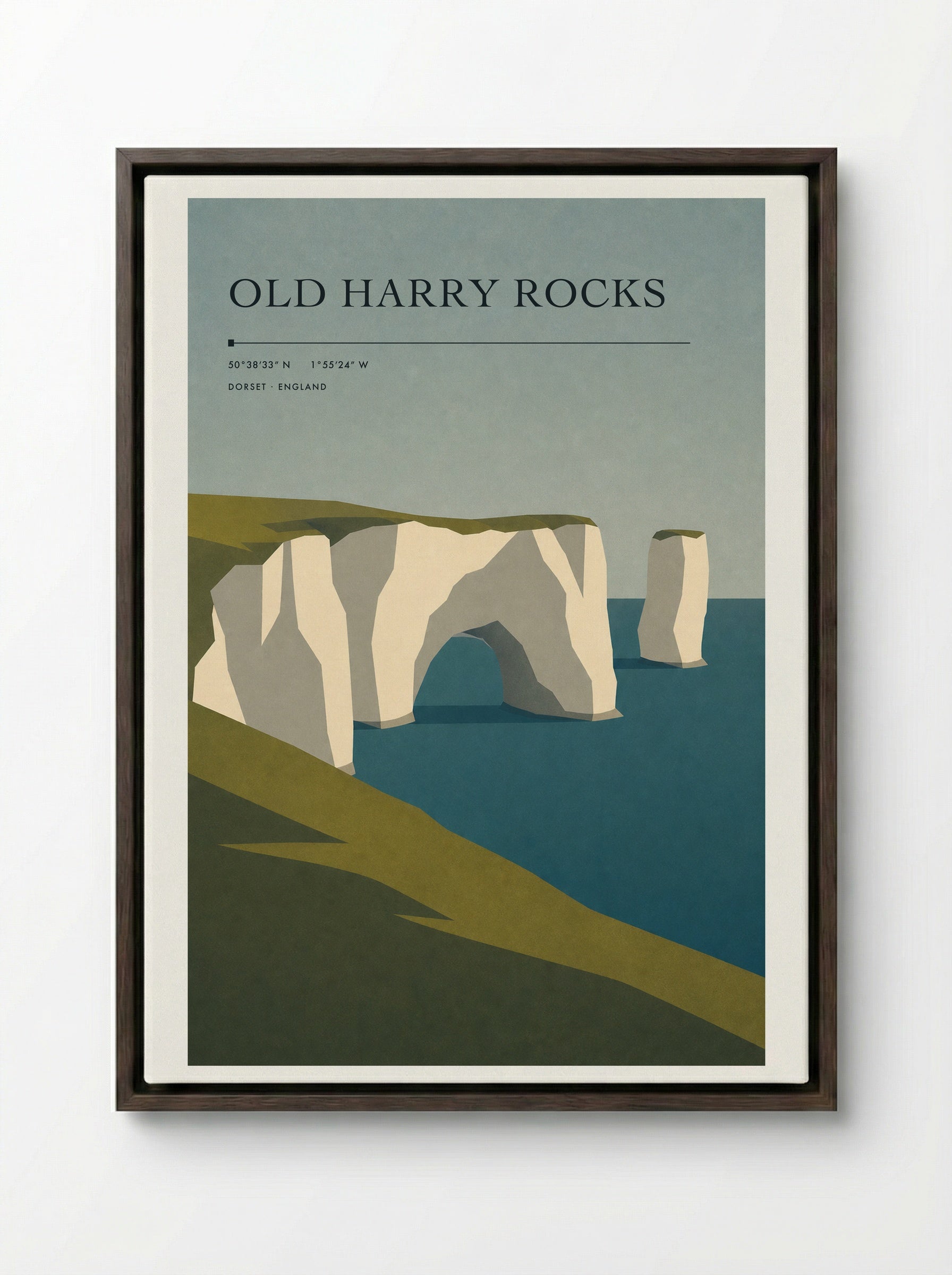 Old Harry Rocks Dorset Travel Poster - Framed Canvas Dark Wood