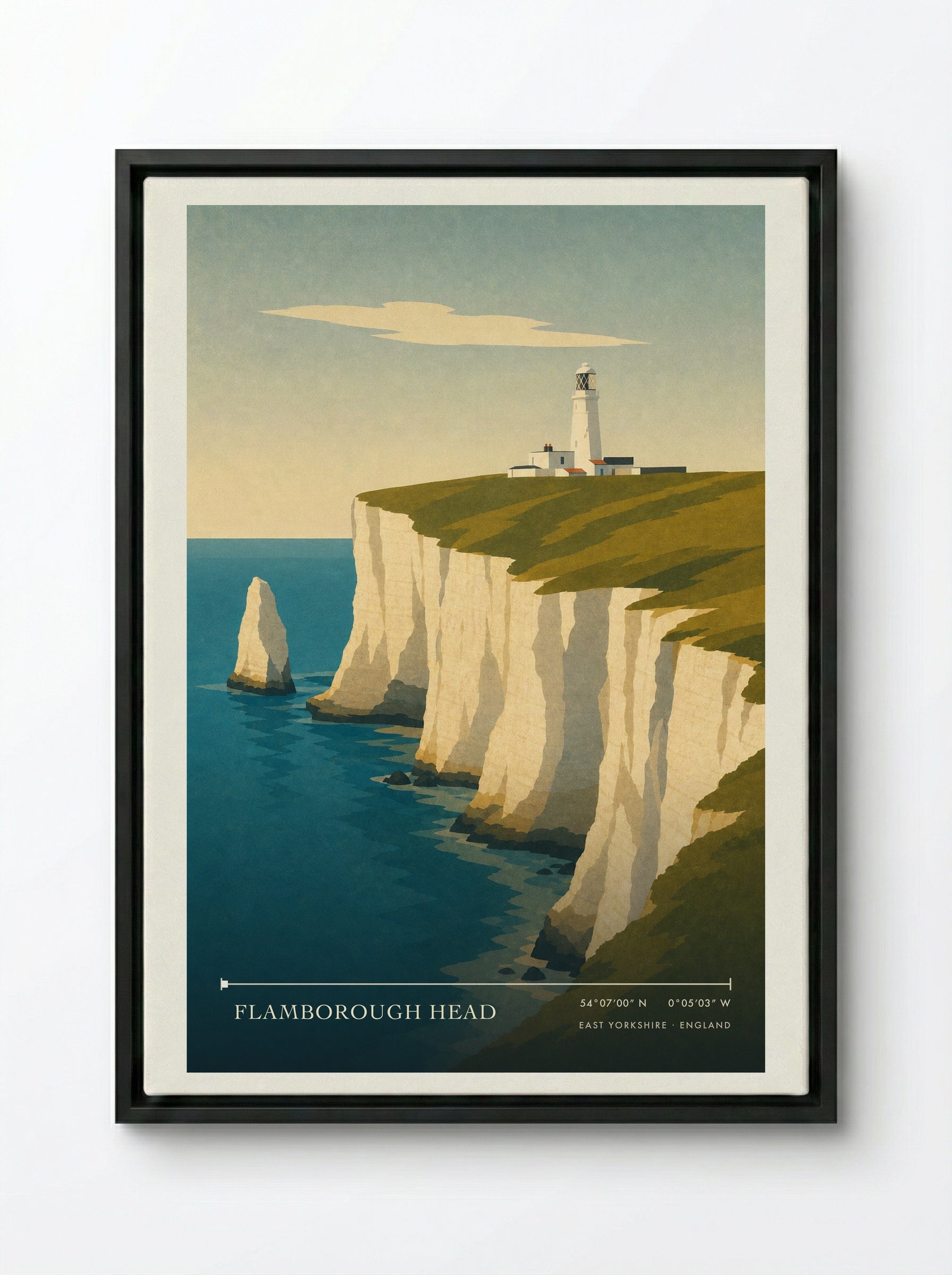 Flamborough Head Travel Poster Artwork - Framed Canvas Black