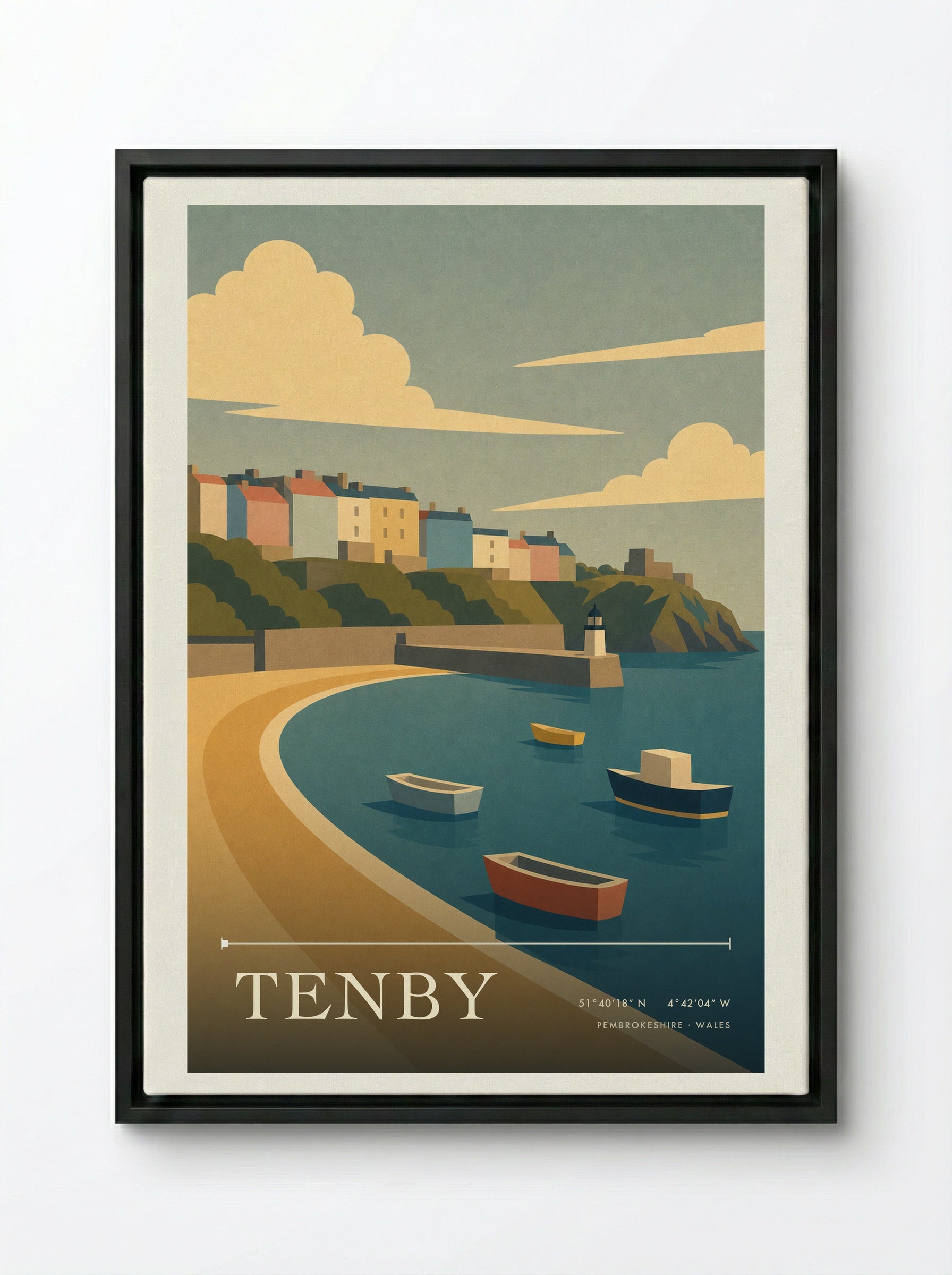 Tenby Pembrokeshire Travel Poster - Framed Canvas Black