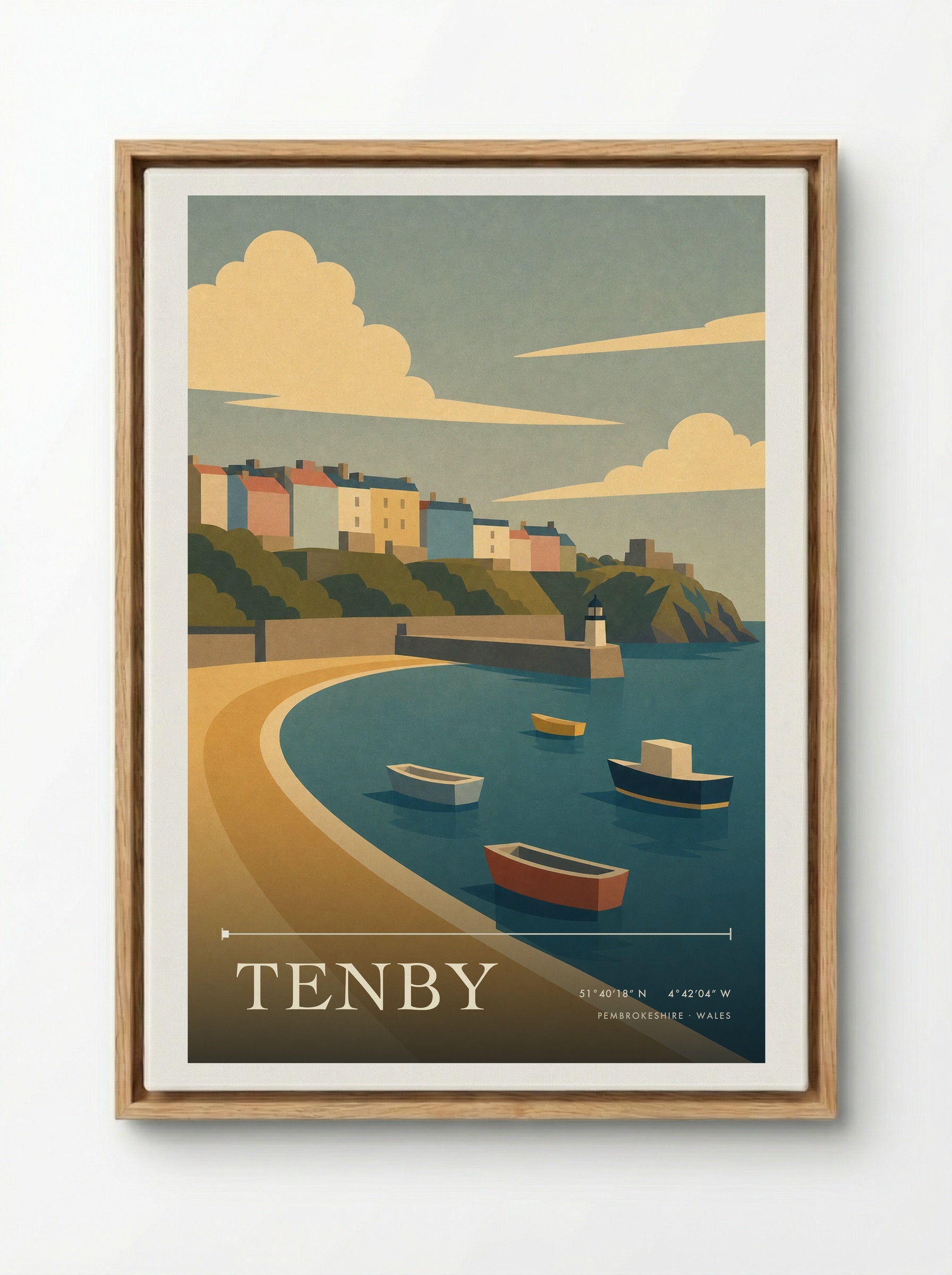 Tenby Pembrokeshire Travel Poster - Framed Canvas Wood