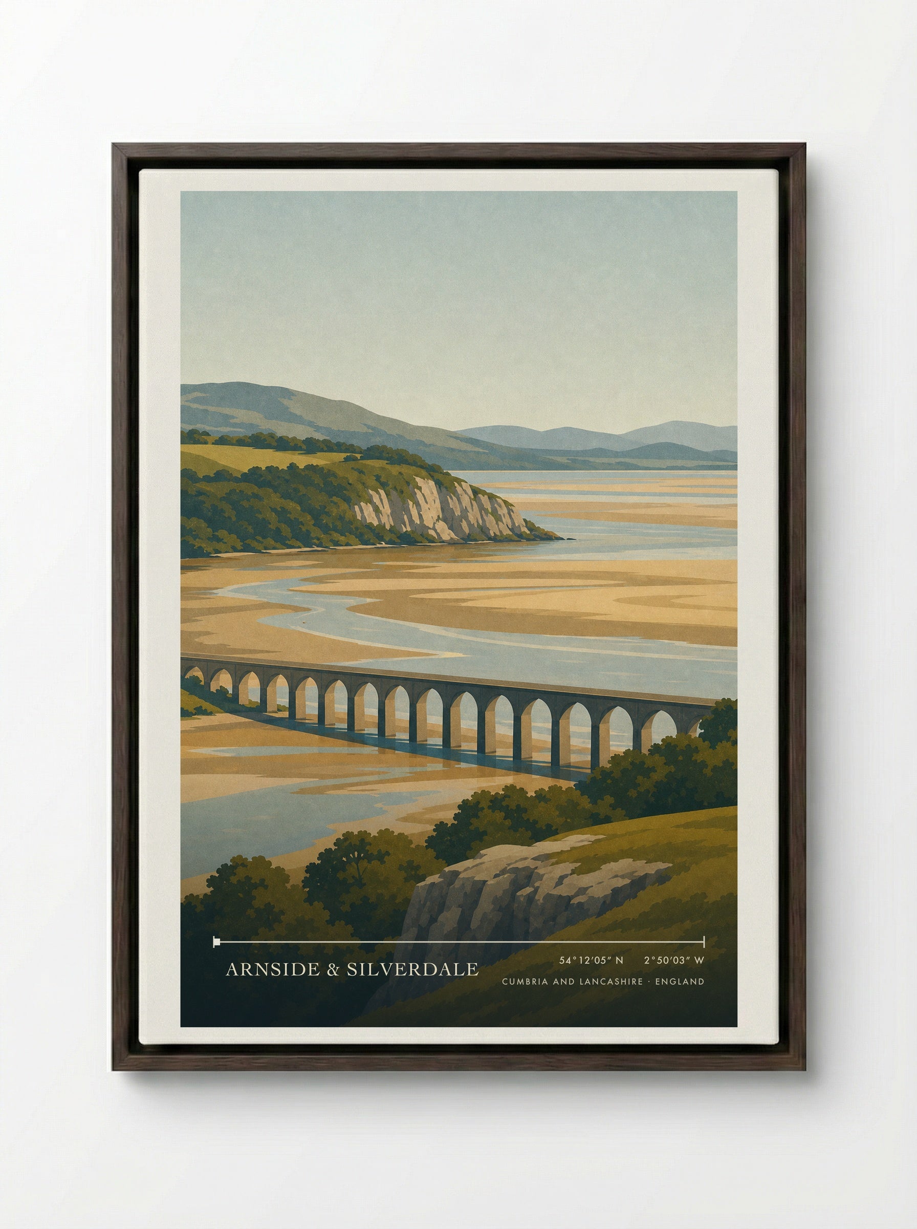 Arnside & Silverdale Travel Poster Artwork - Framed Canvas Dark Wood
