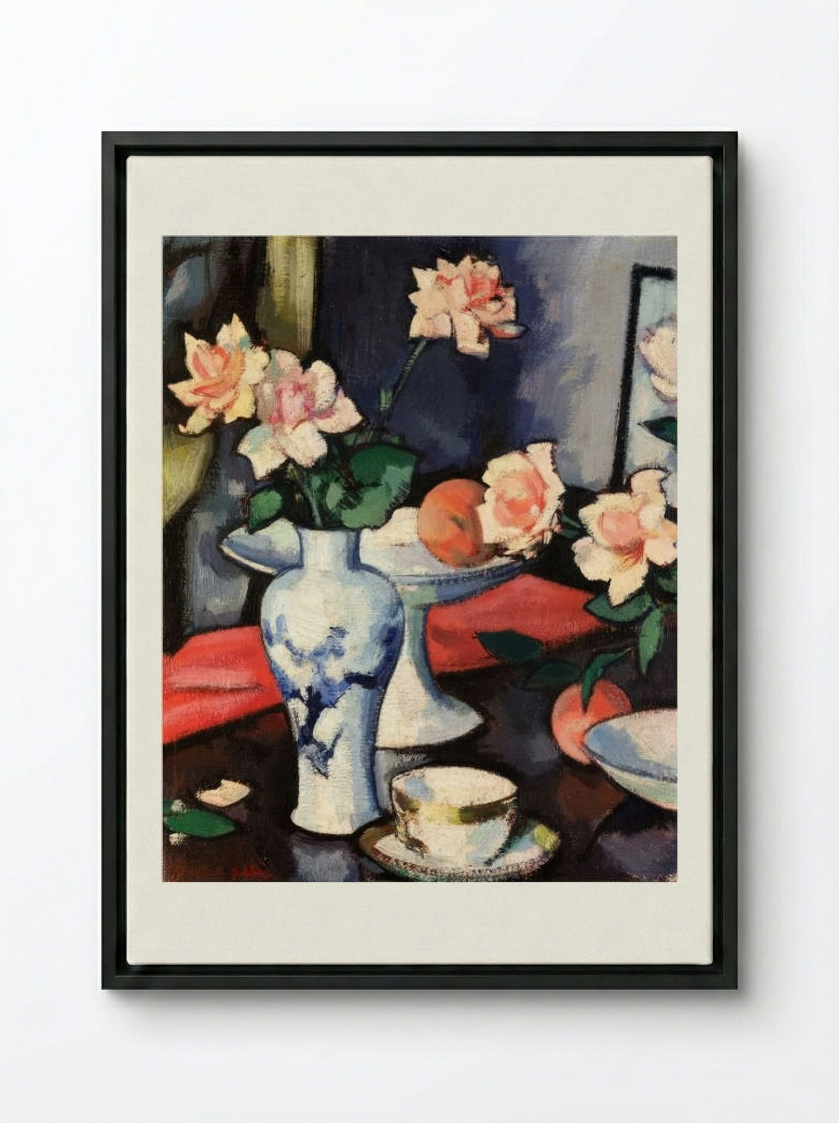 Still Life with Roses in a Chinese Vase - Samuel Peploe - Framed Canvas Black