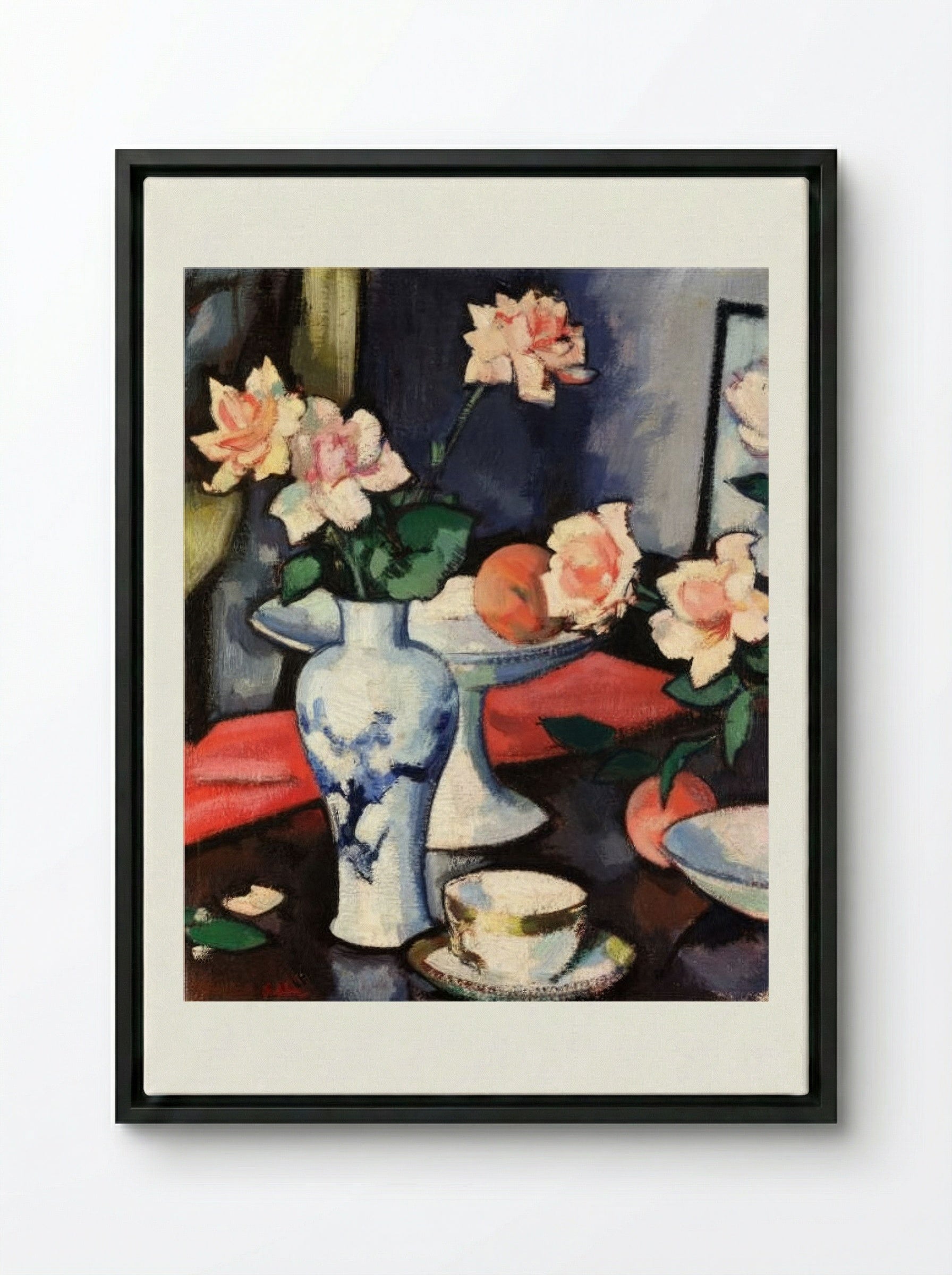 Still Life with Roses in a Chinese Vase - Samuel Peploe - Framed Canvas Black