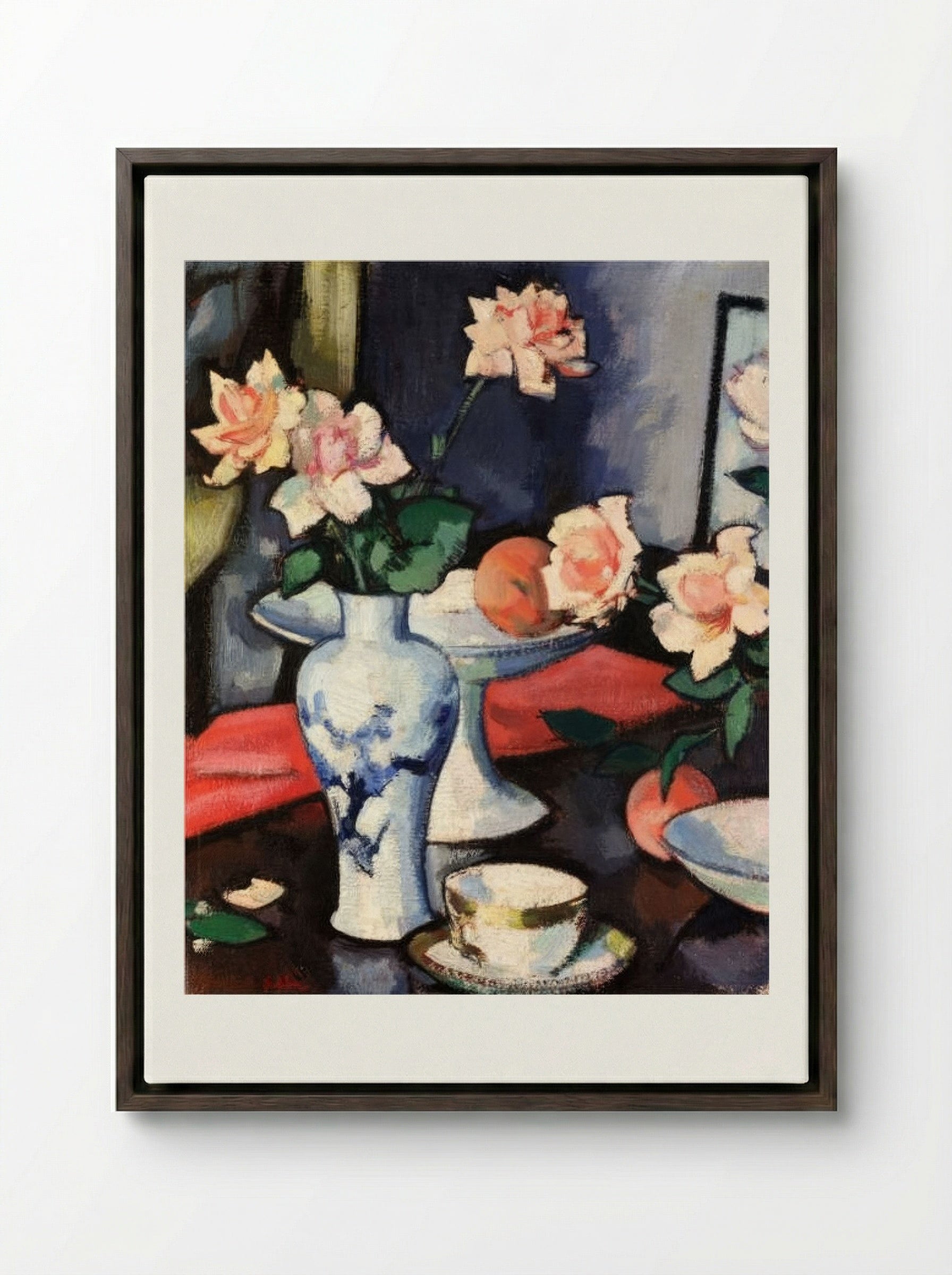 Still Life with Roses in a Chinese Vase - Samuel Peploe - Framed Canvas Dark Wood