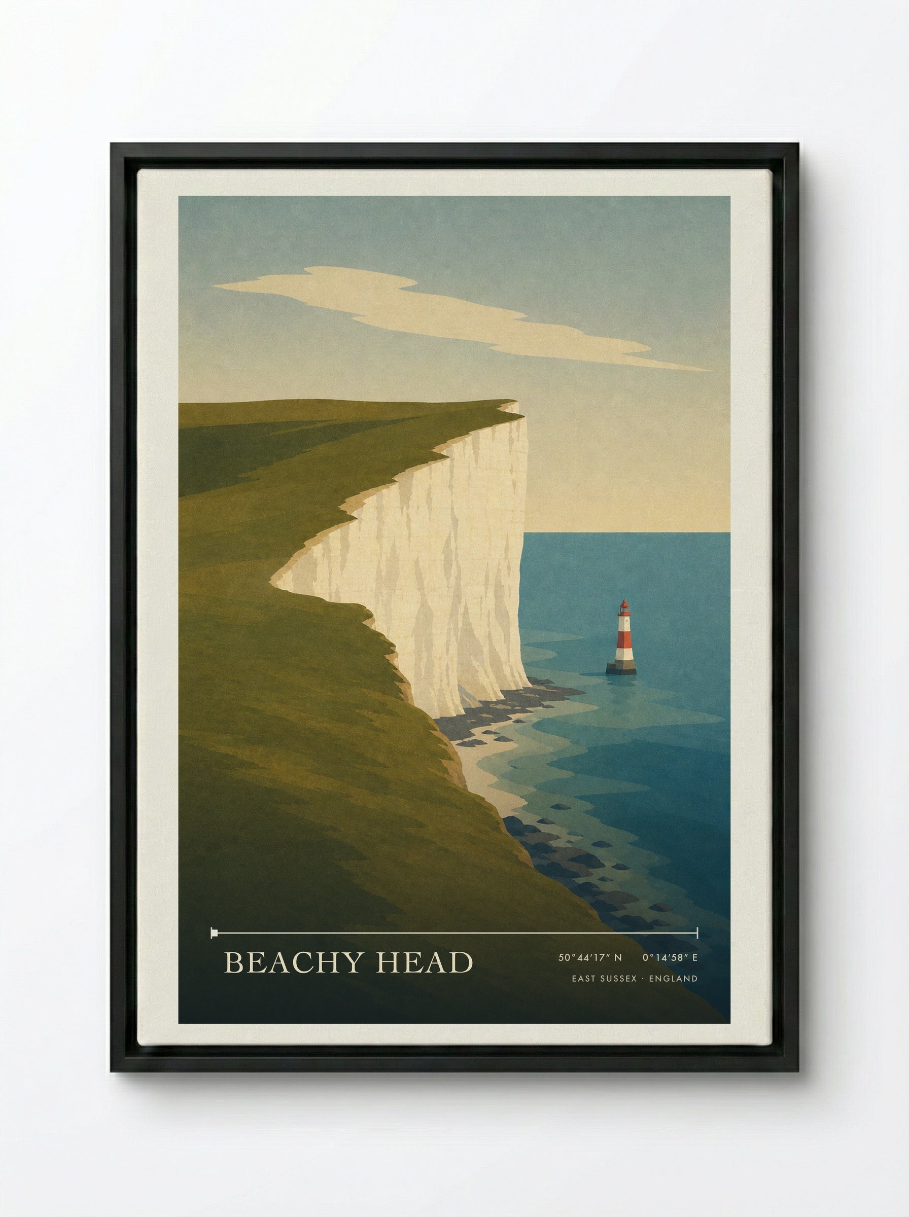 Beachy Head Travel Poster Artwork - Framed Canvas Black