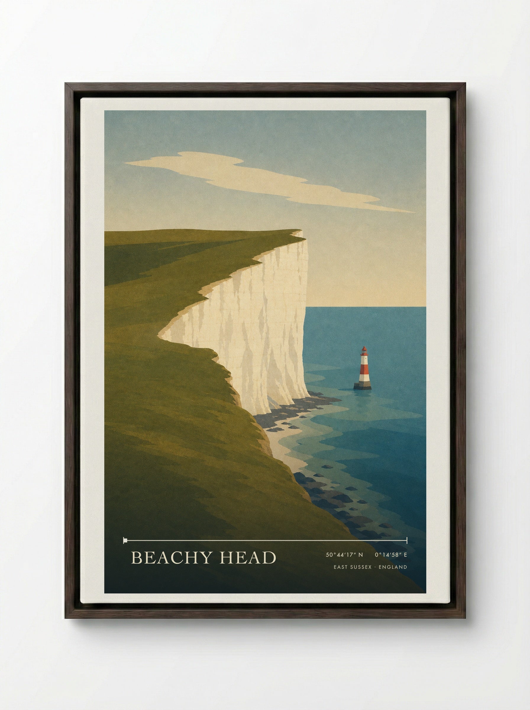 Beachy Head Travel Poster Artwork - Framed Canvas Dark Wood
