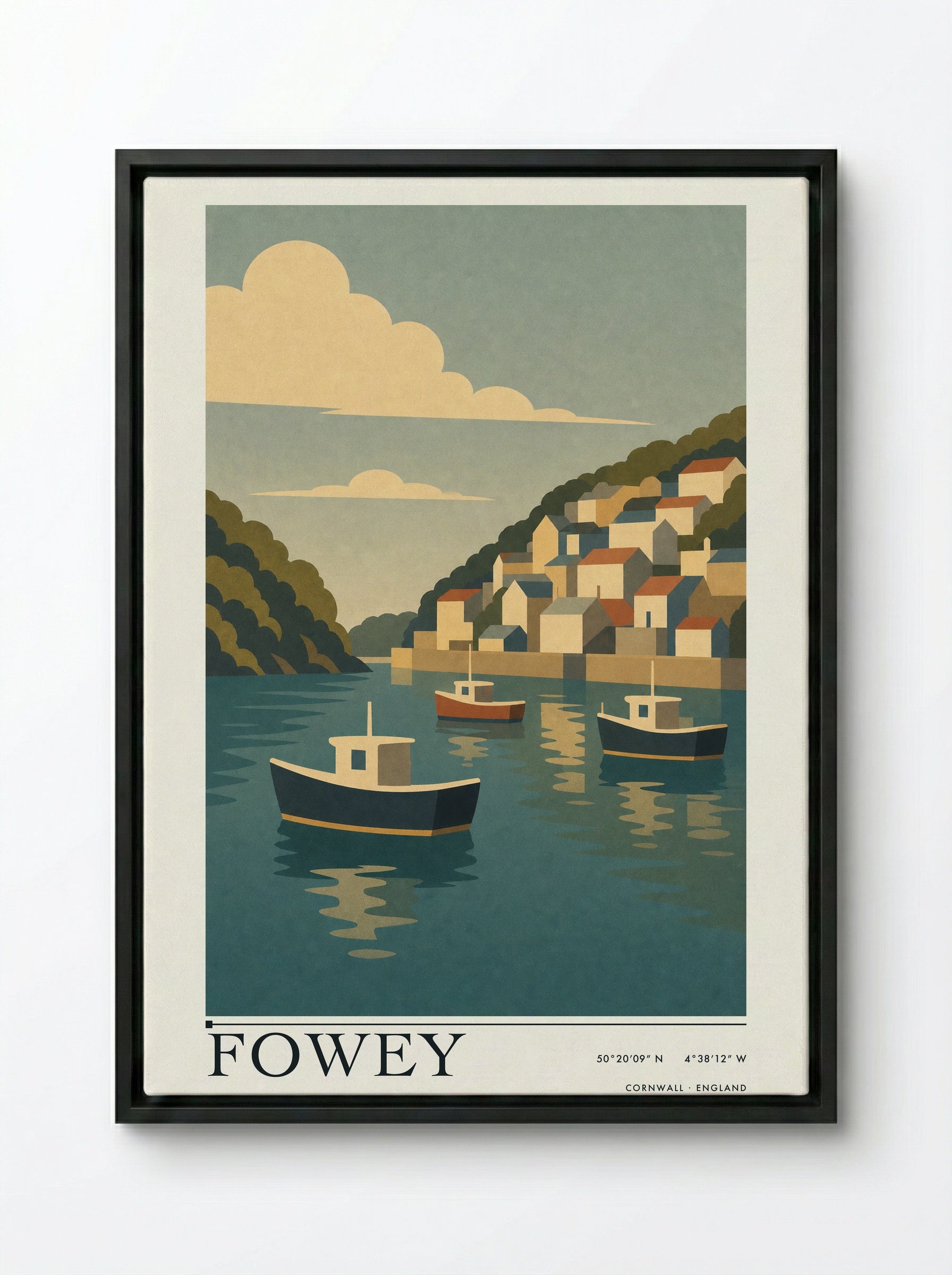 Fowey Cornwall Travel Poster - Framed Canvas Black