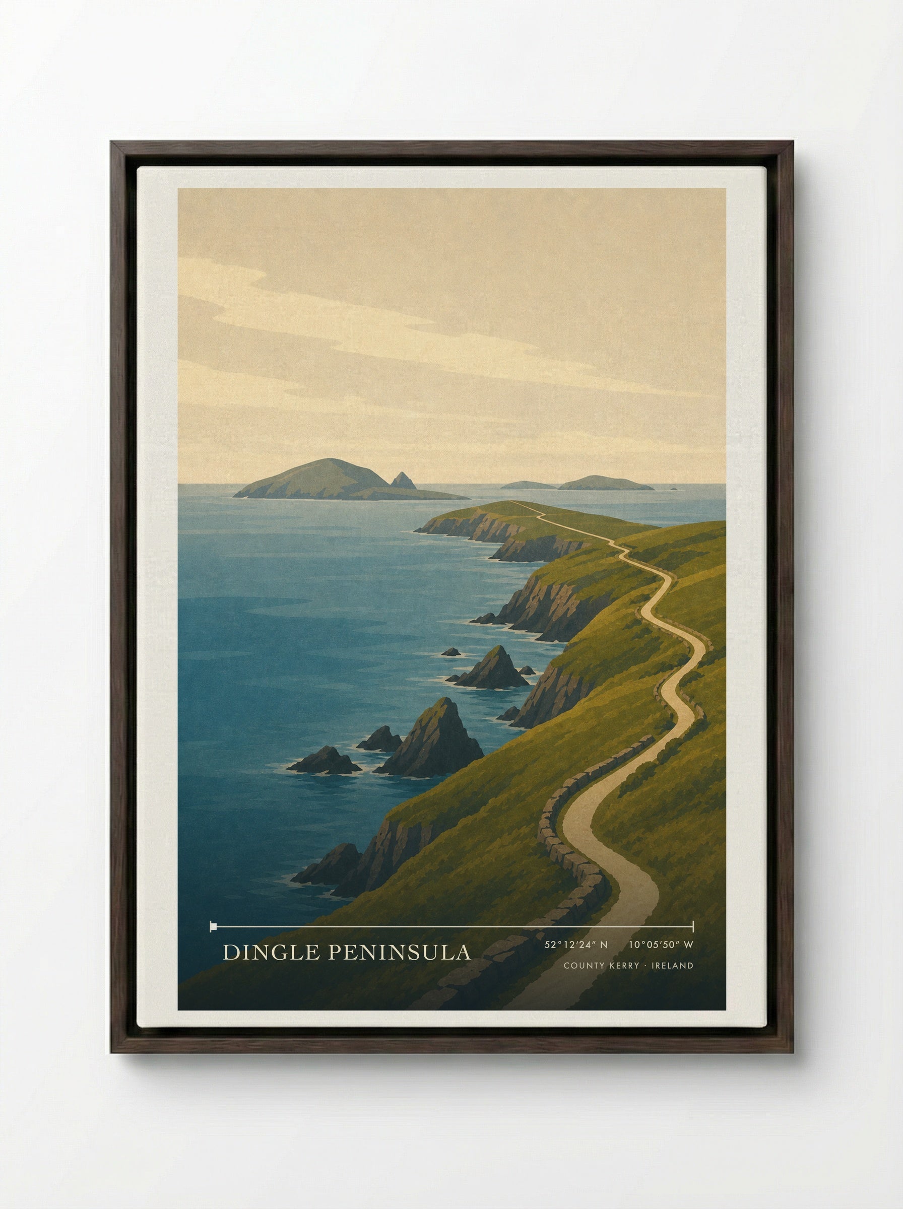 Dingle Peninsula Travel Poster - Framed Canvas Dark Wood