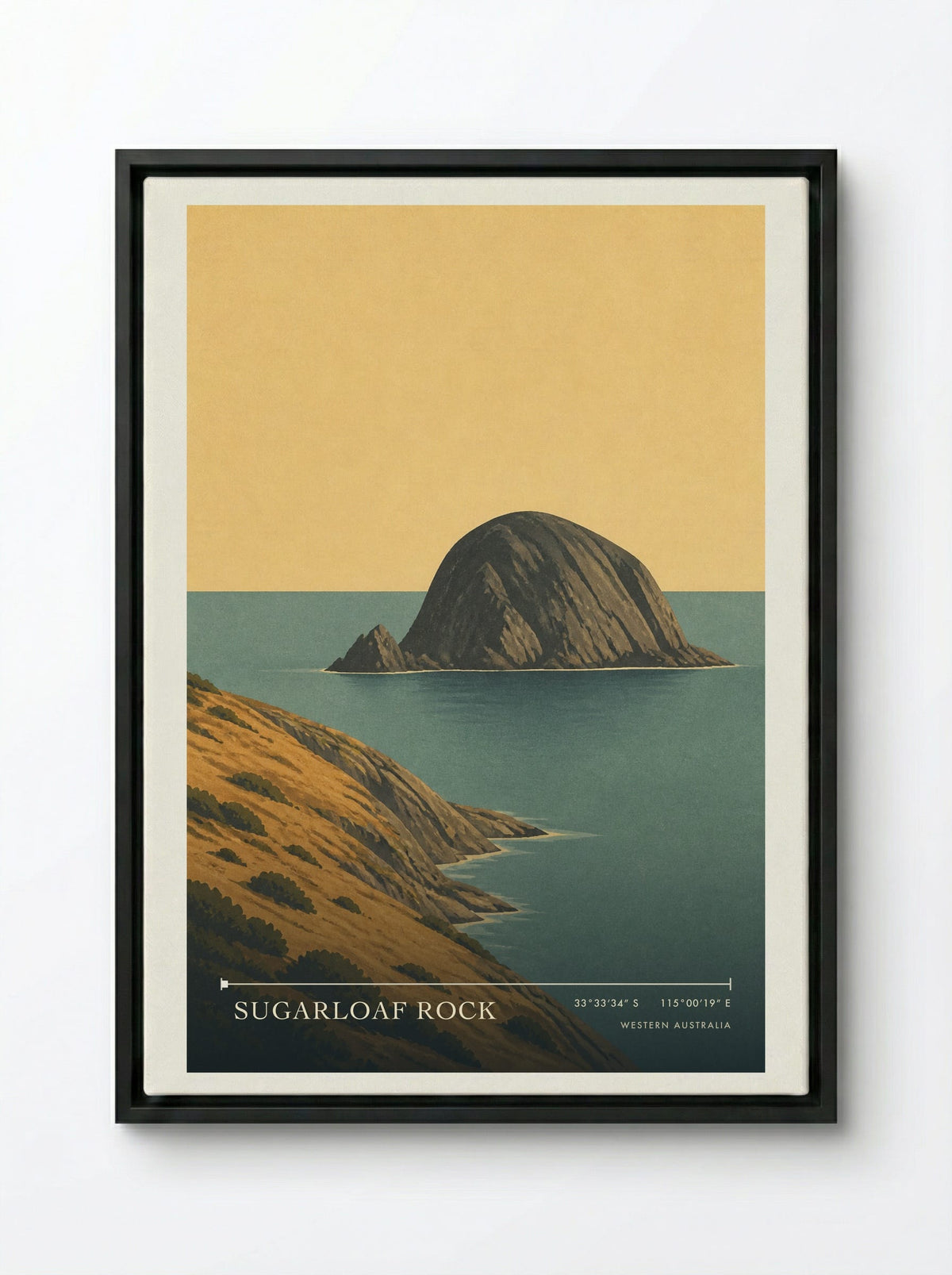 Sugarloaf Rock Travel Poster Artwork - Framed Canvas Black