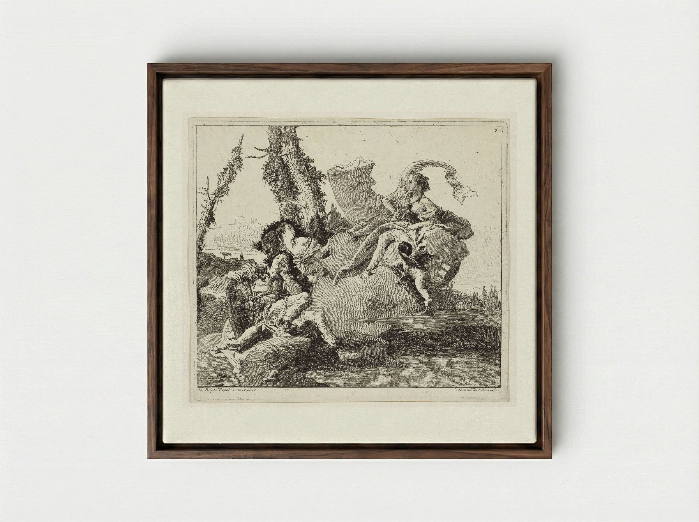 Armida Encounters the Sleeping Rinaldo - Giovanni Domenico Tiepolo - Framed Canvas Dark Wood