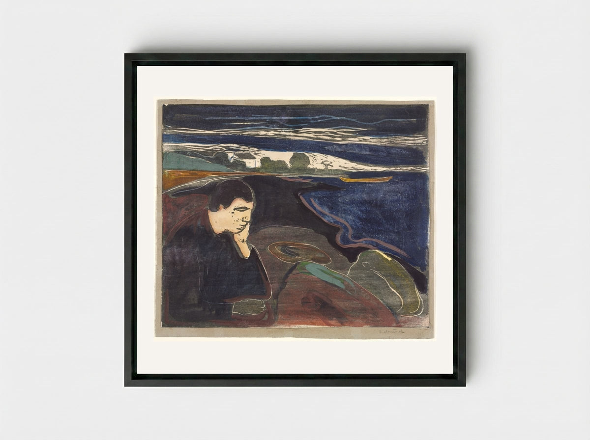 Evening, Melancholy I - Edvard Munch - Framed Canvas Black