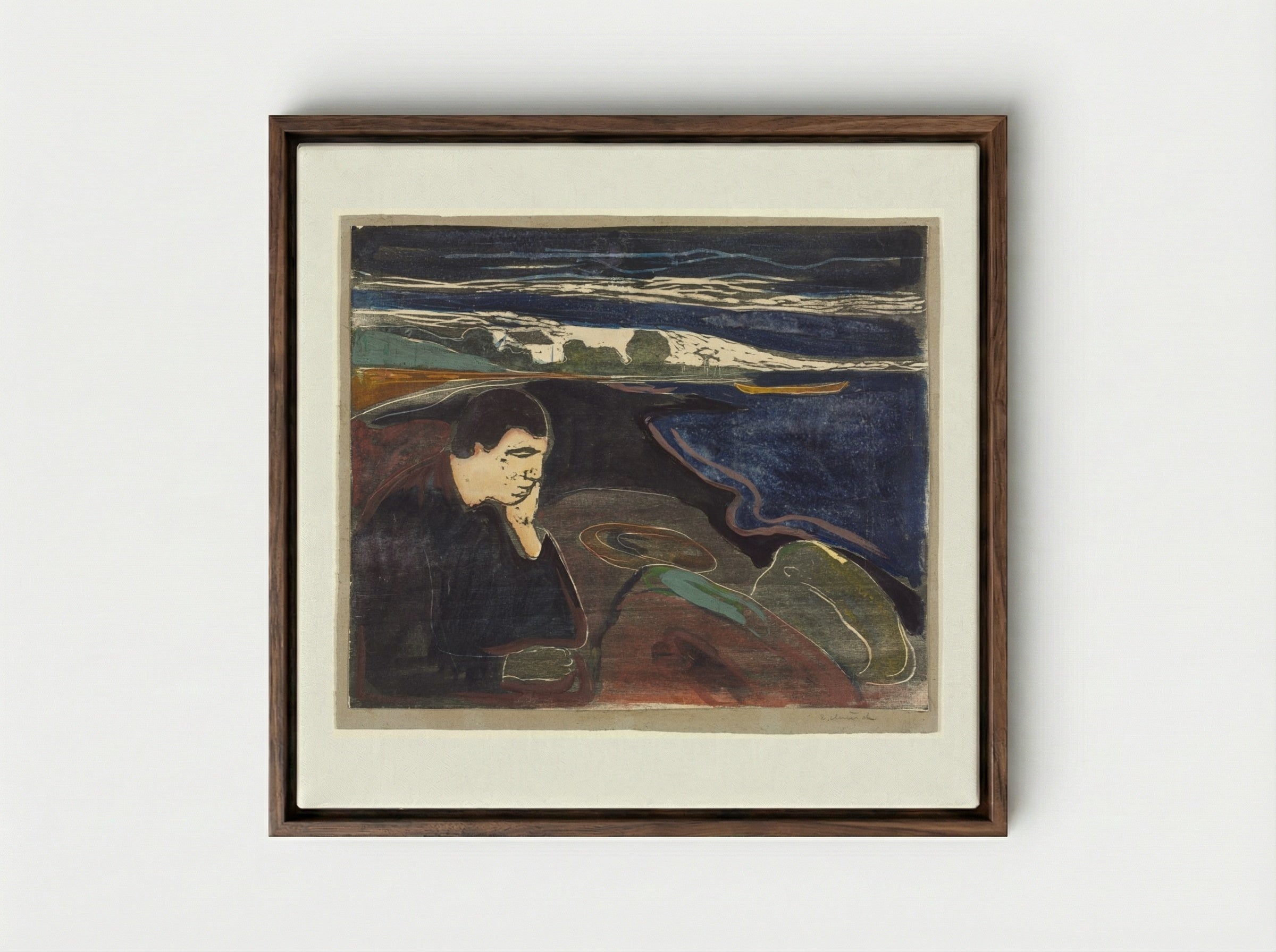 Evening, Melancholy I - Edvard Munch - Framed Canvas Dark Wood