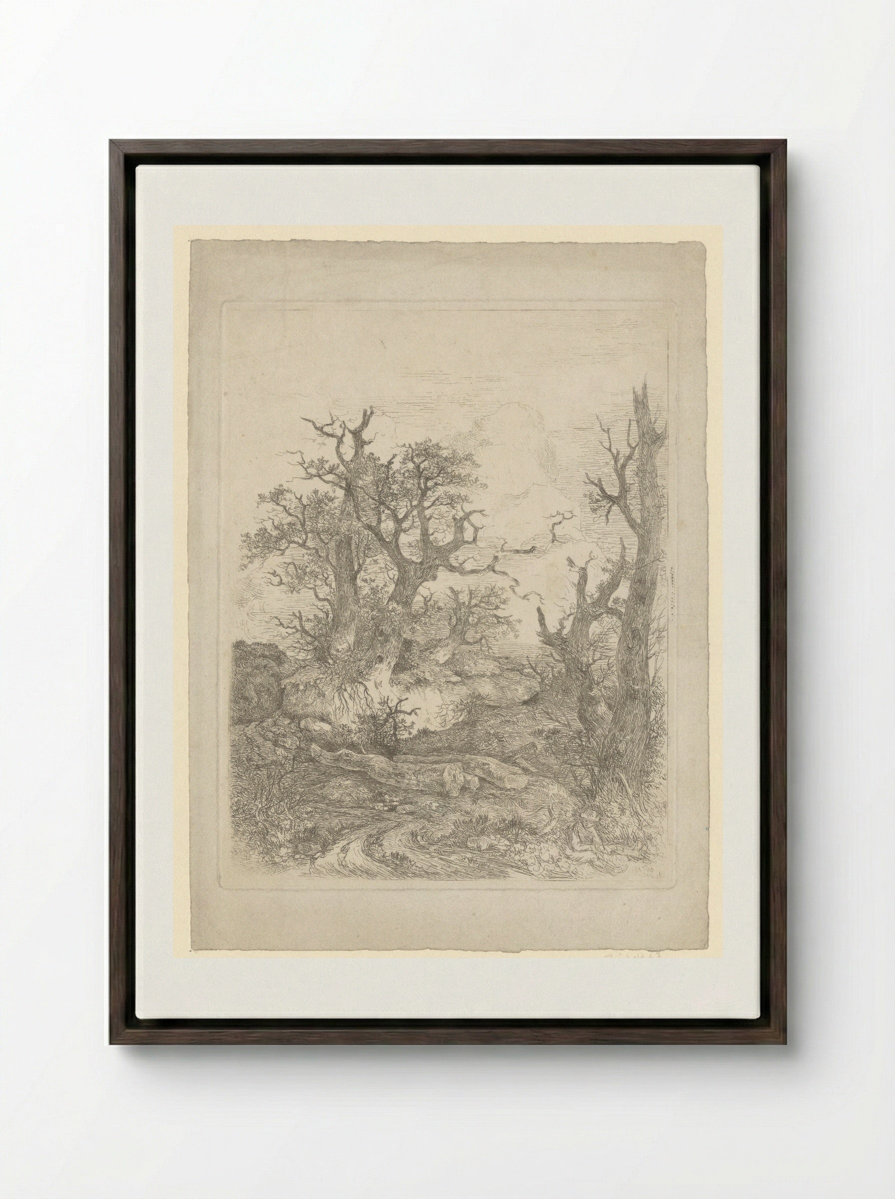 Boy Sitting Before a Bare Tree, Three Tree Trunks in the Centre - John Crome - Framed Canvas Dark Wood