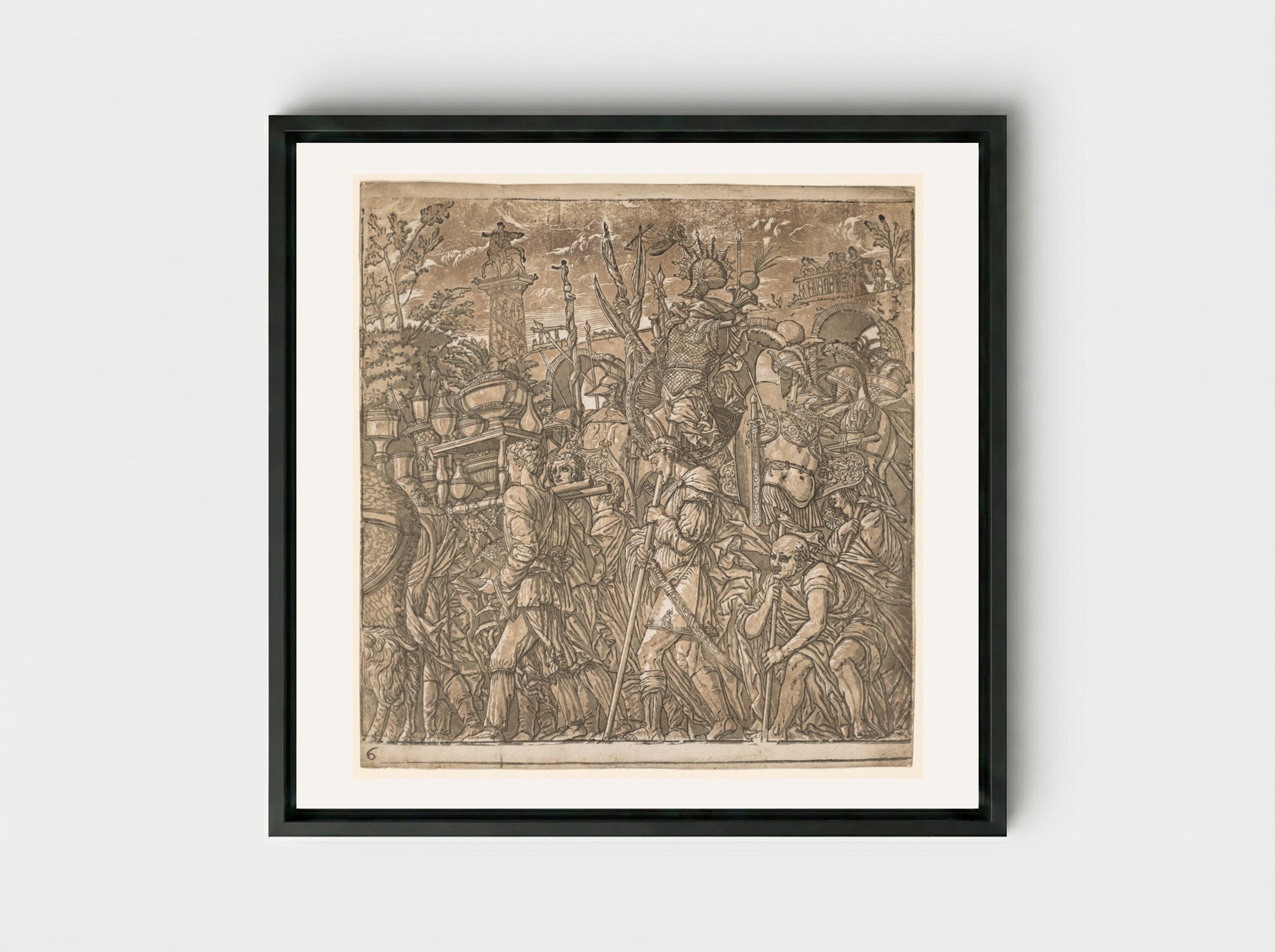 The Triumph of Julius Caesar: Soldiers Carrying Vases and Trophies of War - Andrea Andreani - Framed Canvas Black