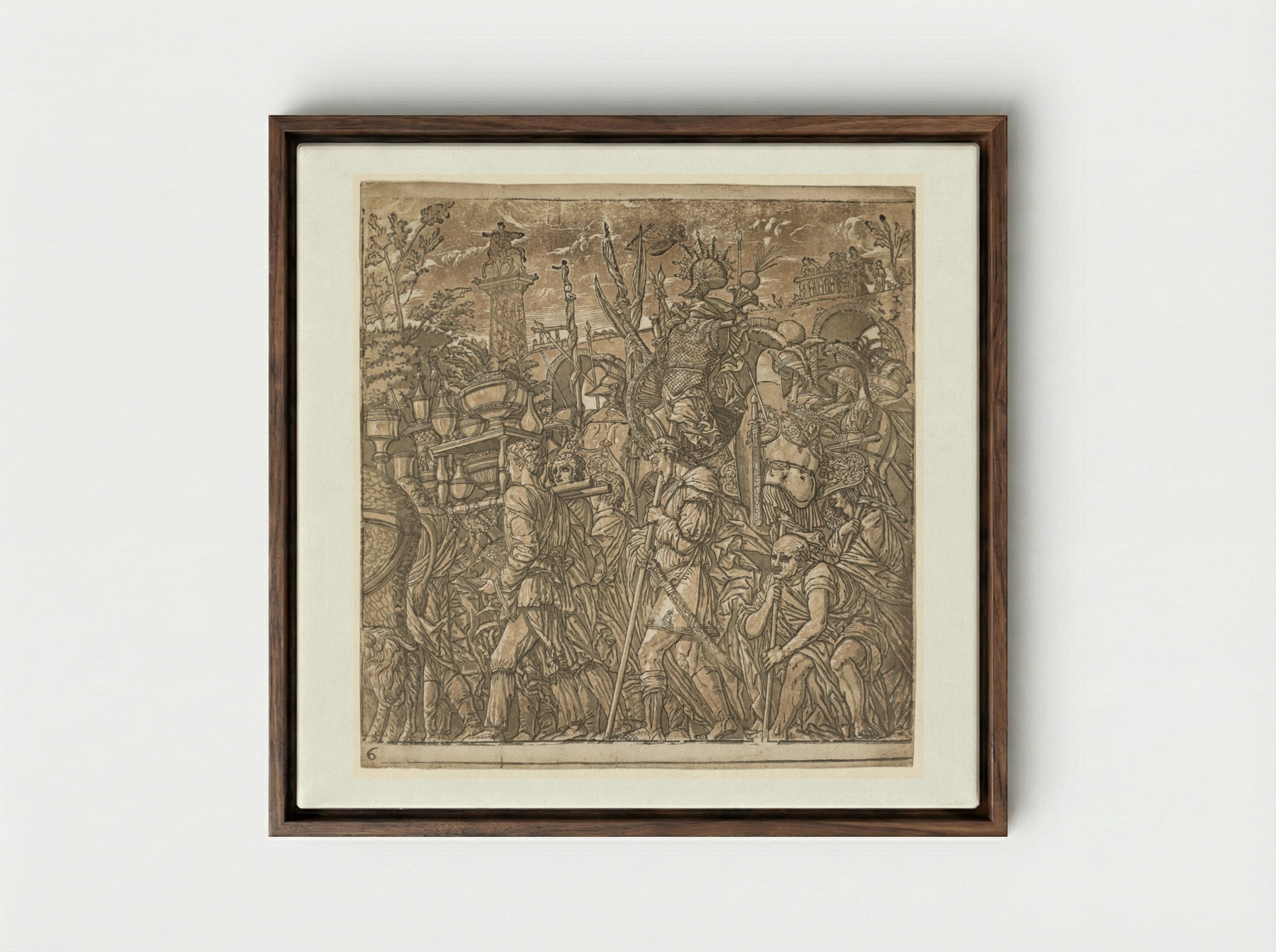 The Triumph of Julius Caesar: Soldiers Carrying Vases and Trophies of War - Andrea Andreani - Framed Canvas Dark Wood