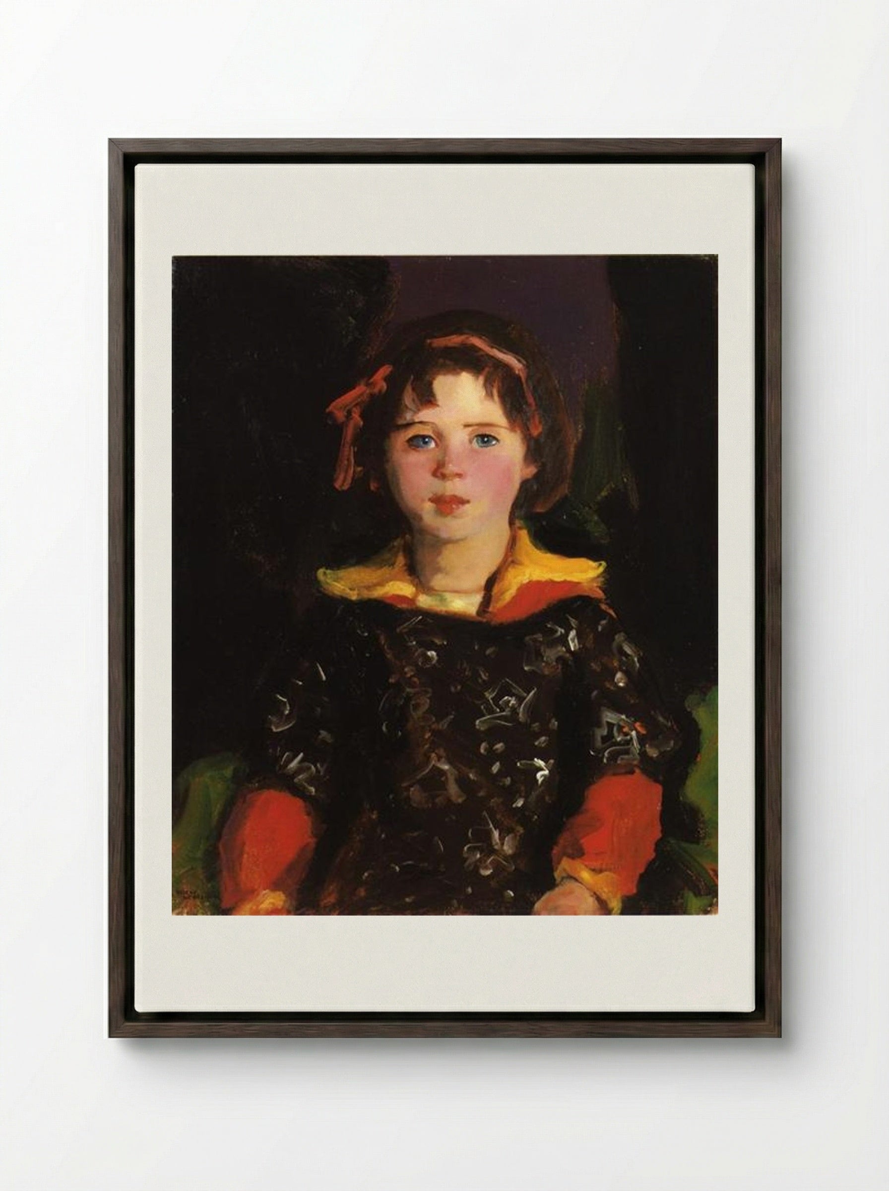 Bridgie (Girl with Chinese Dress) - Robert Henri - Framed Canvas Dark Wood