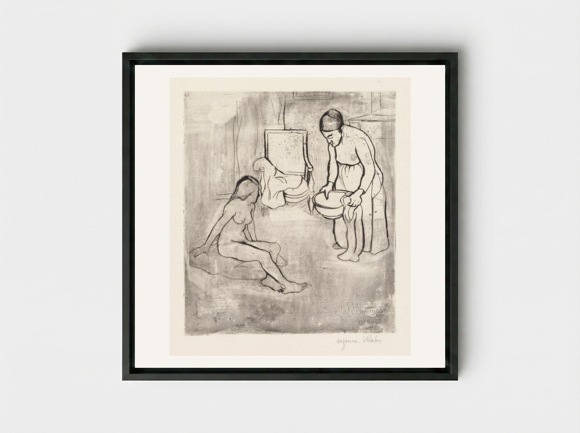 Grandmother with Louise, Nude Seated on the Floor - Suzanne Valadon - Framed Canvas Black