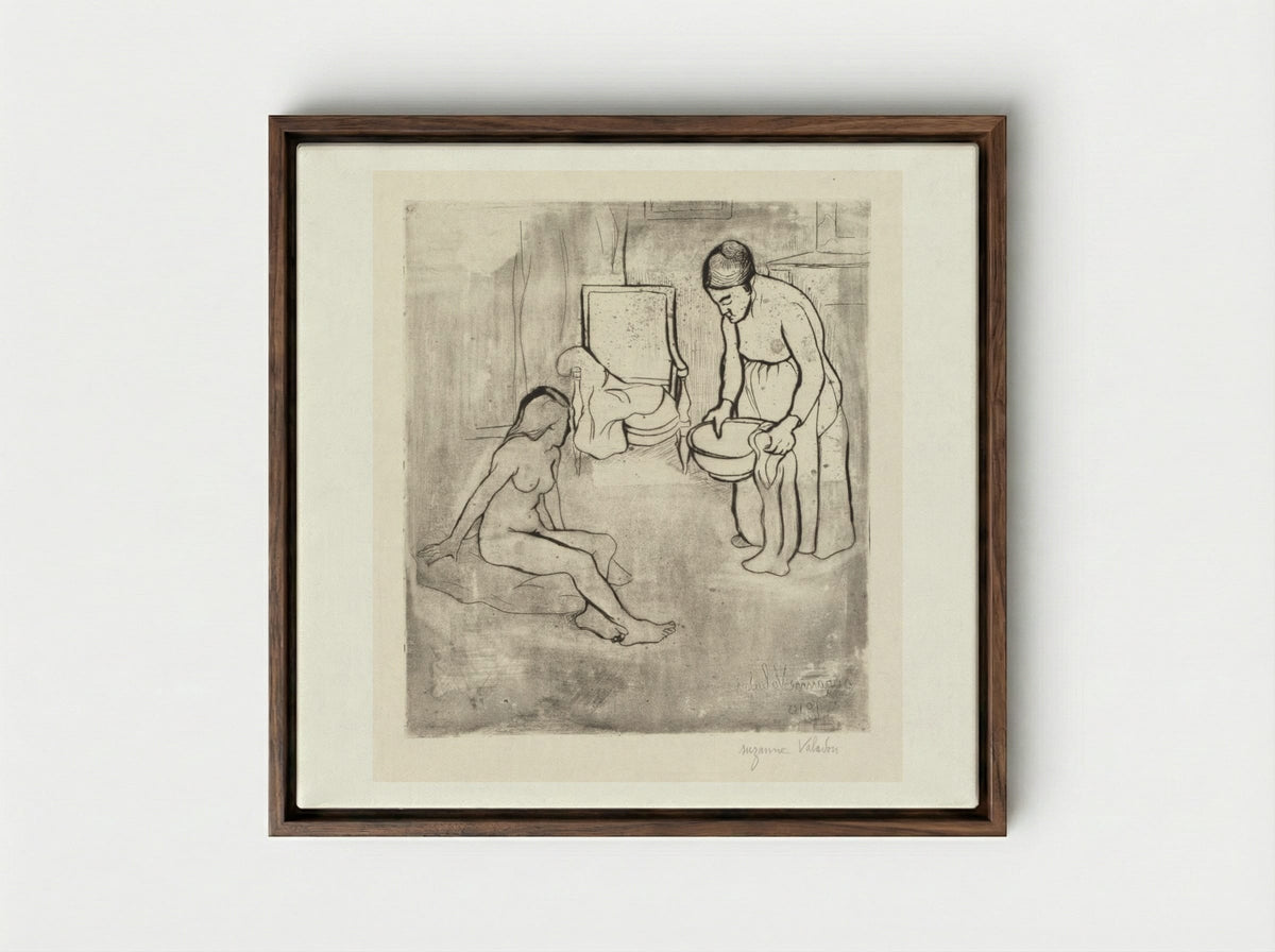 Grandmother with Louise, Nude Seated on the Floor - Suzanne Valadon - Framed Canvas Dark Wood