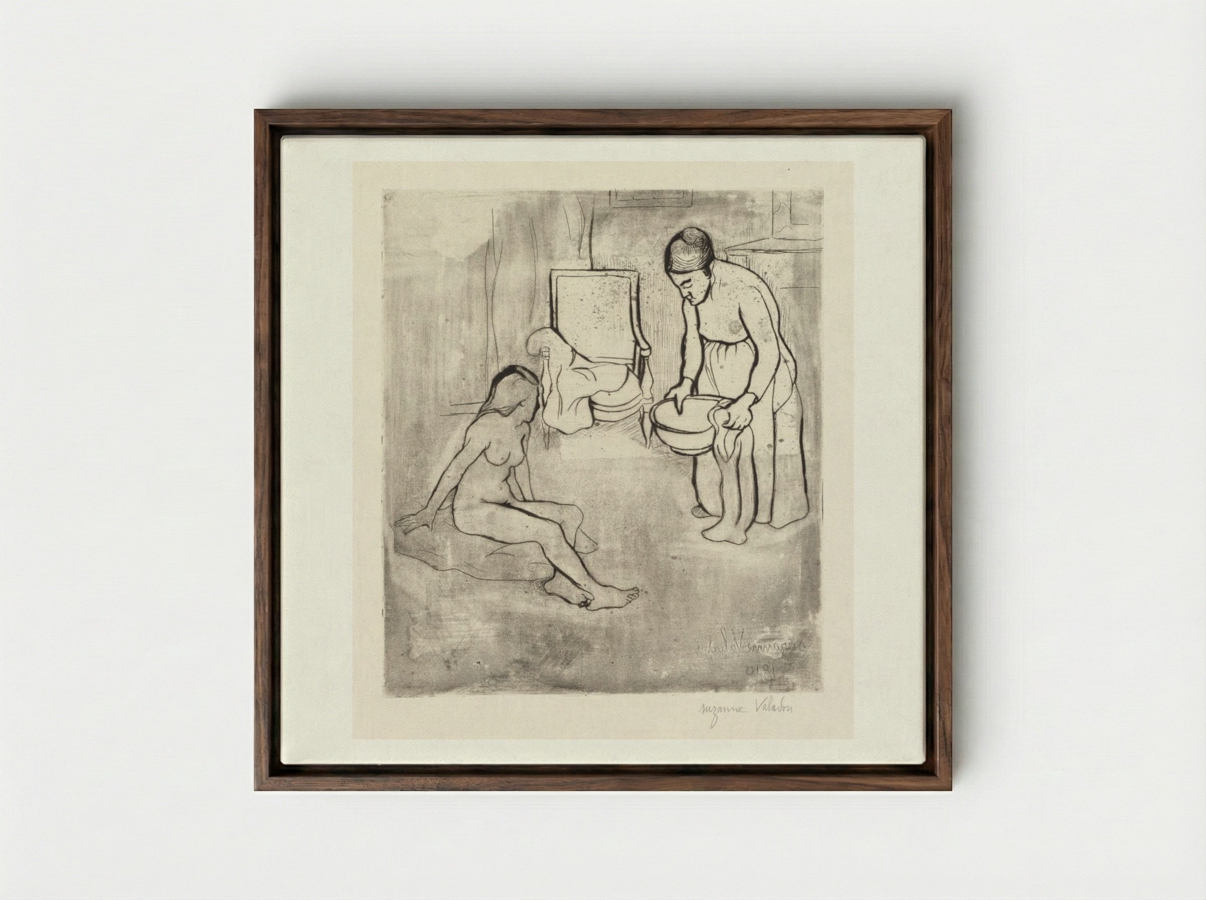 Grandmother with Louise, Nude Seated on the Floor - Suzanne Valadon - Framed Canvas Dark Wood