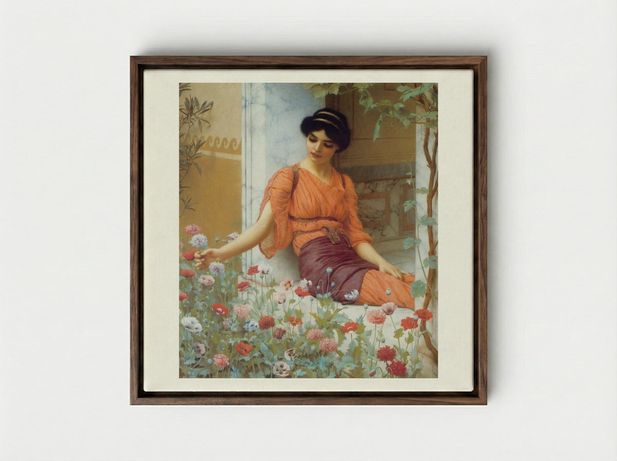 Summer Flowers - John William Godward - Framed Canvas Dark Wood