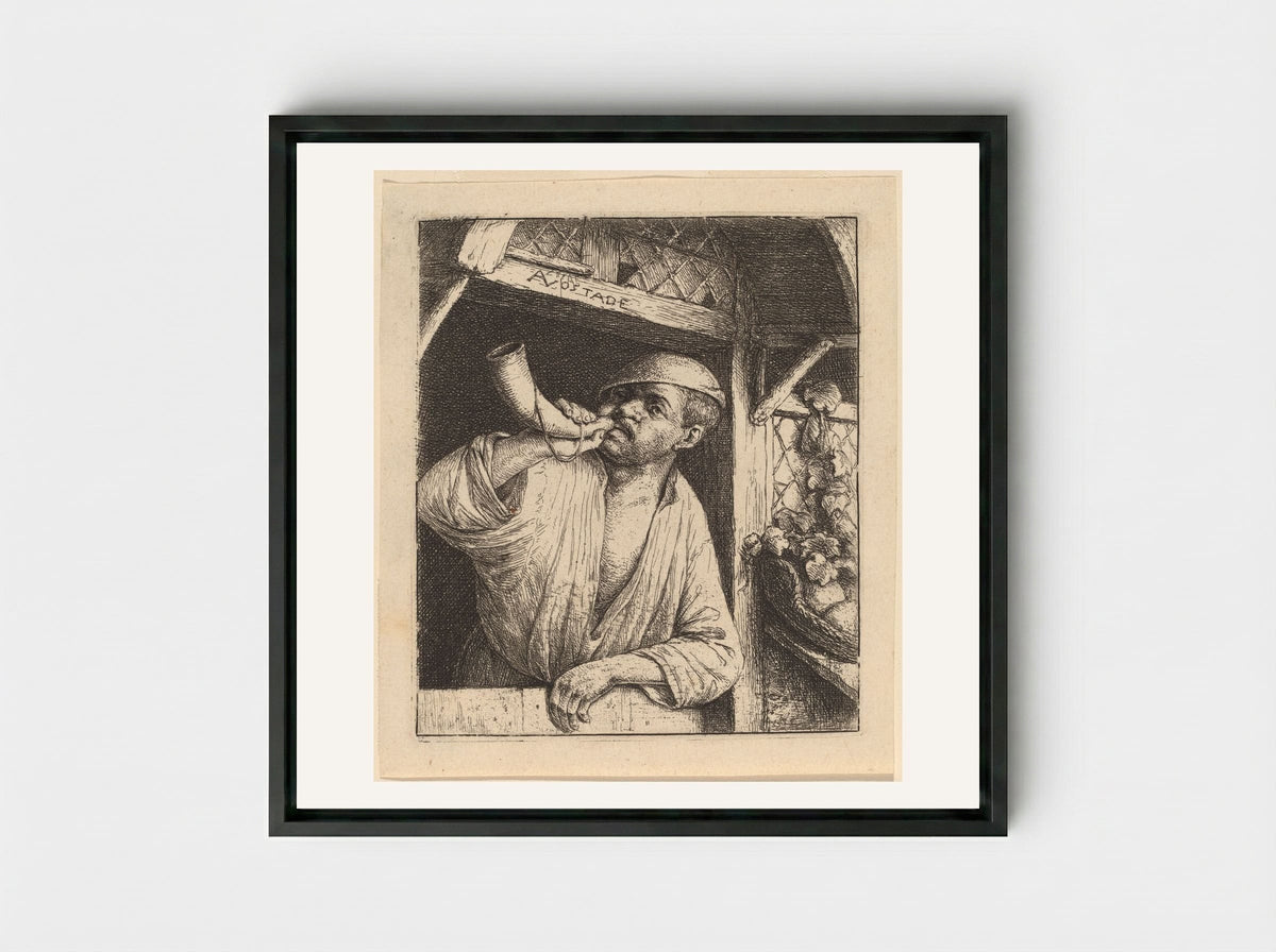 The Baker Sounding His Horn - Adriaen van Ostade - Framed Canvas Black