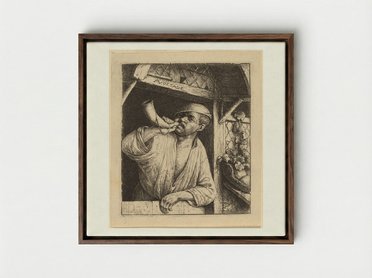 The Baker Sounding His Horn - Adriaen van Ostade - Framed Canvas Dark Wood