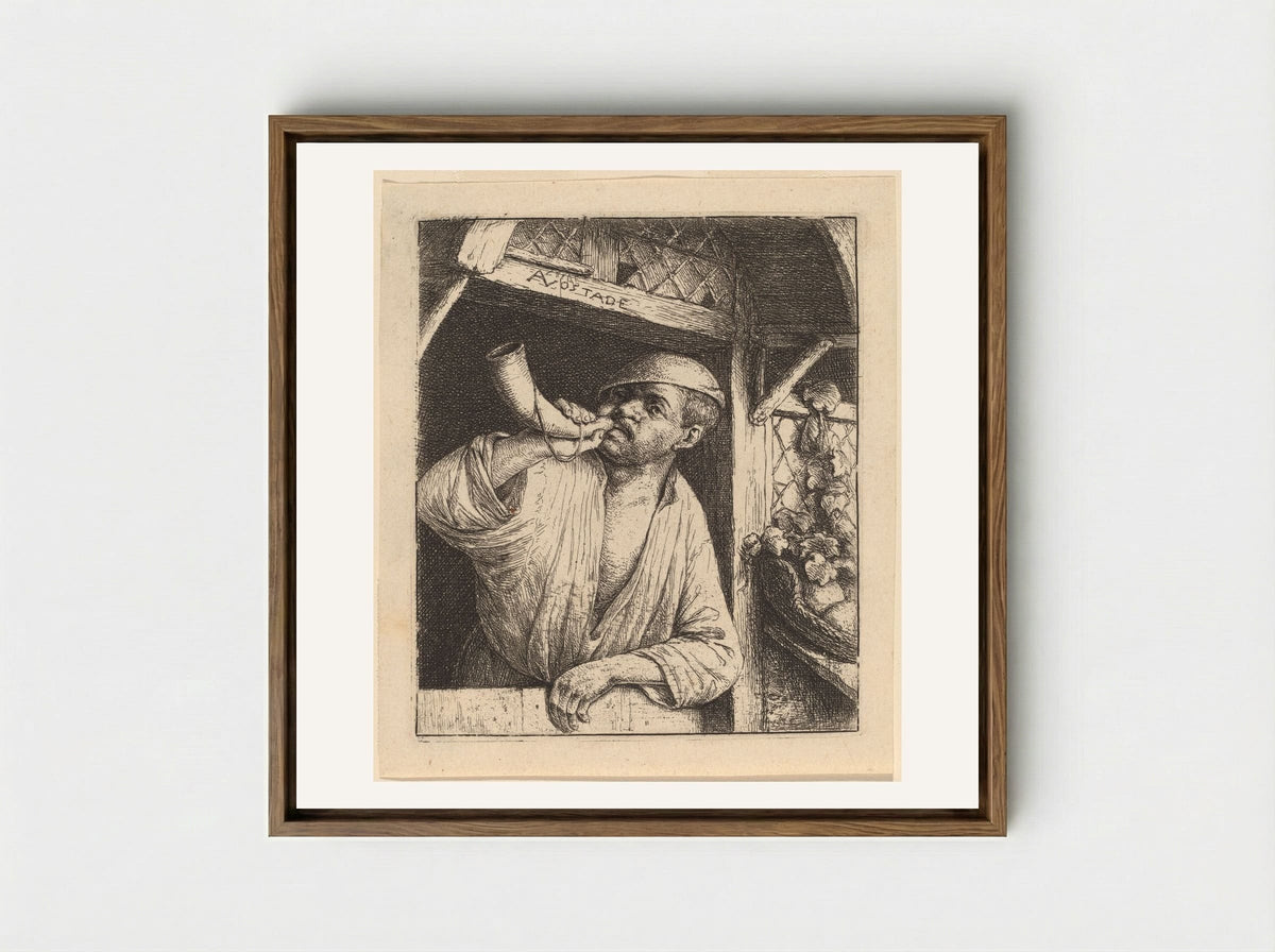 The Baker Sounding His Horn - Adriaen van Ostade - Framed Canvas Wood