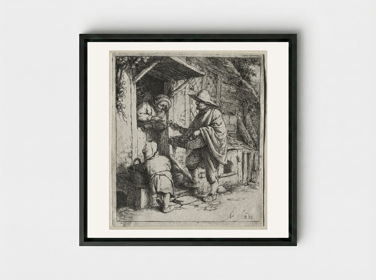 The Spectacle Seller - Adriaen van Ostade - Framed Canvas Black