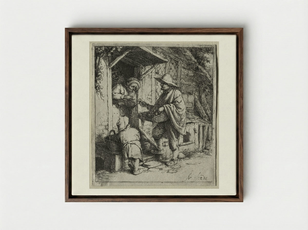 The Spectacle Seller - Adriaen van Ostade - Framed Canvas Dark Wood