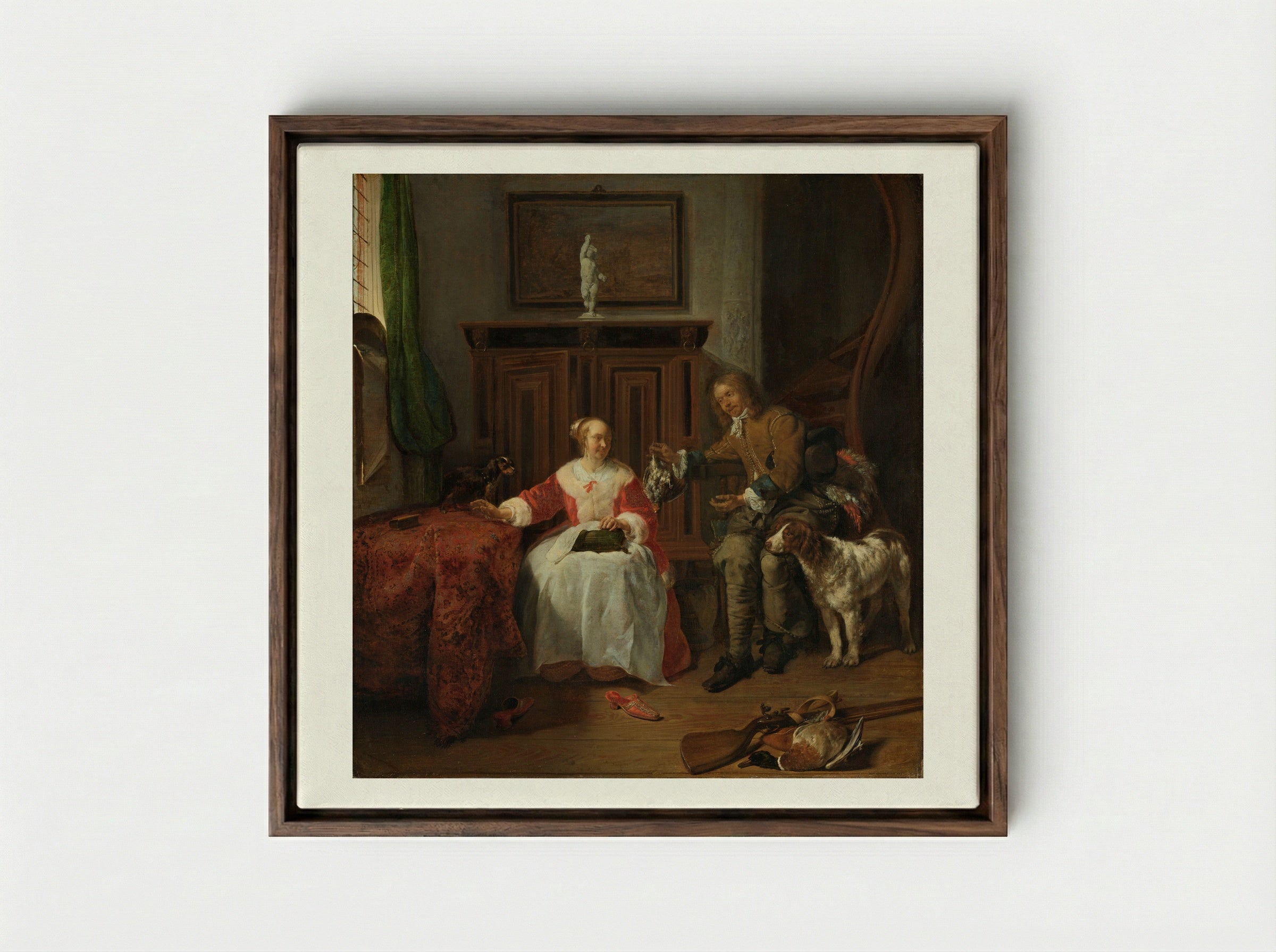The Hunter's Present - Gabriël Metsu - Framed Canvas Dark Wood