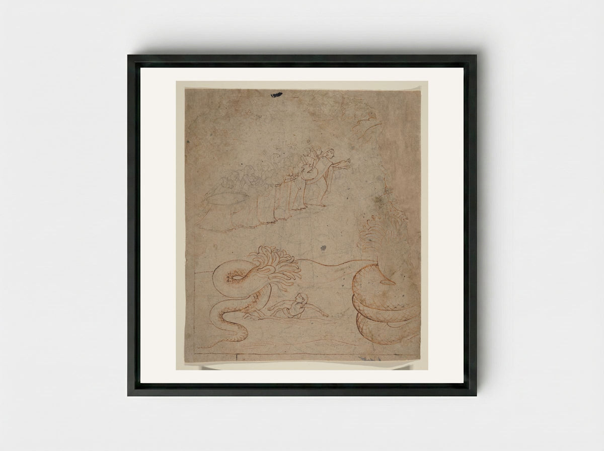 Krishna Subdues the Serpent Kaliya in the Yamuna River - Nainsukh - Framed Canvas Black