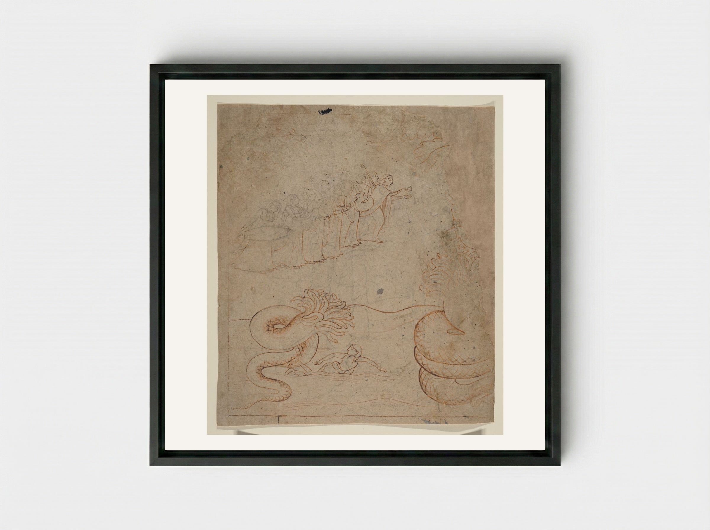 Krishna Subdues the Serpent Kaliya in the Yamuna River - Nainsukh - Framed Canvas Black