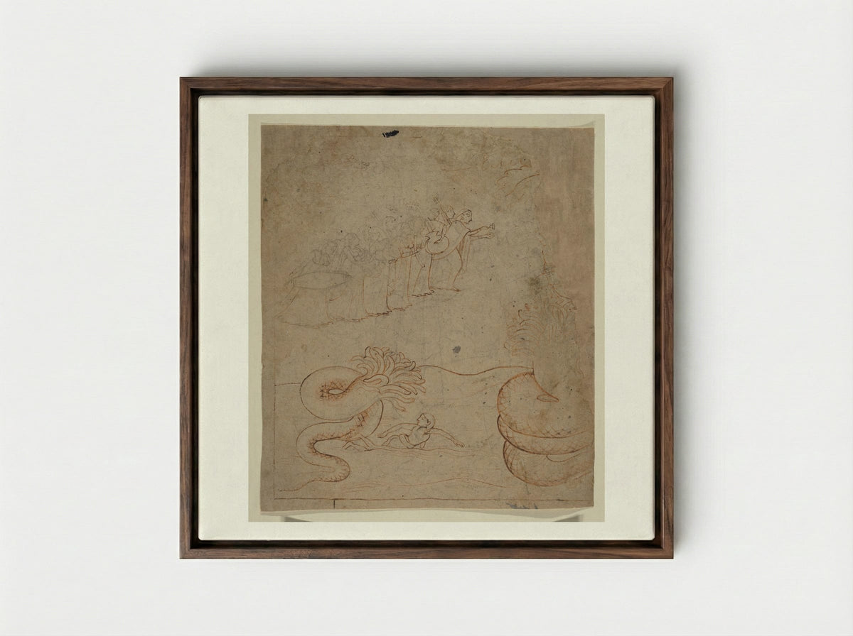 Krishna Subdues the Serpent Kaliya in the Yamuna River - Nainsukh - Framed Canvas Dark Wood