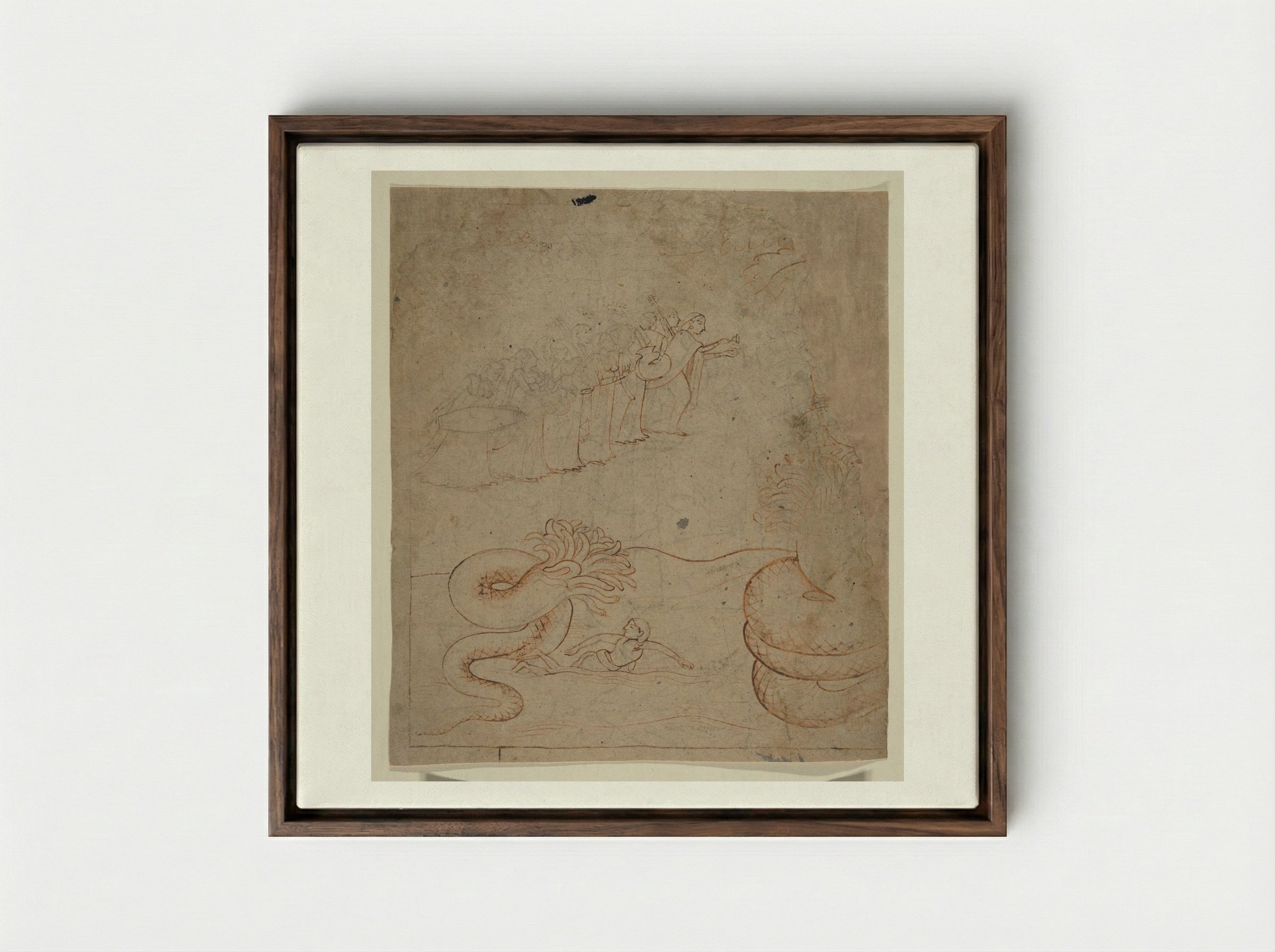 Krishna Subdues the Serpent Kaliya in the Yamuna River - Nainsukh - Framed Canvas Dark Wood
