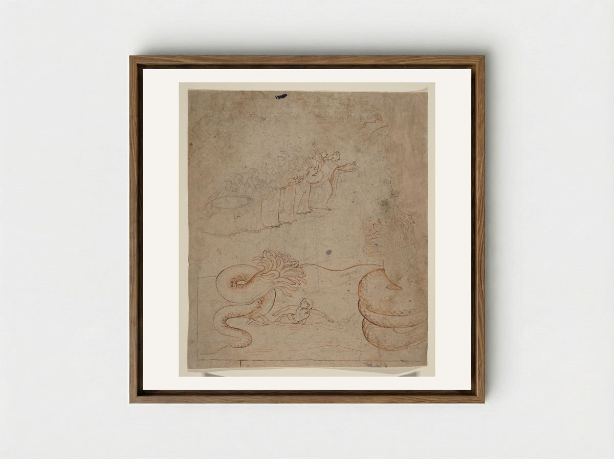 Krishna Subdues the Serpent Kaliya in the Yamuna River - Nainsukh - Framed Canvas Wood