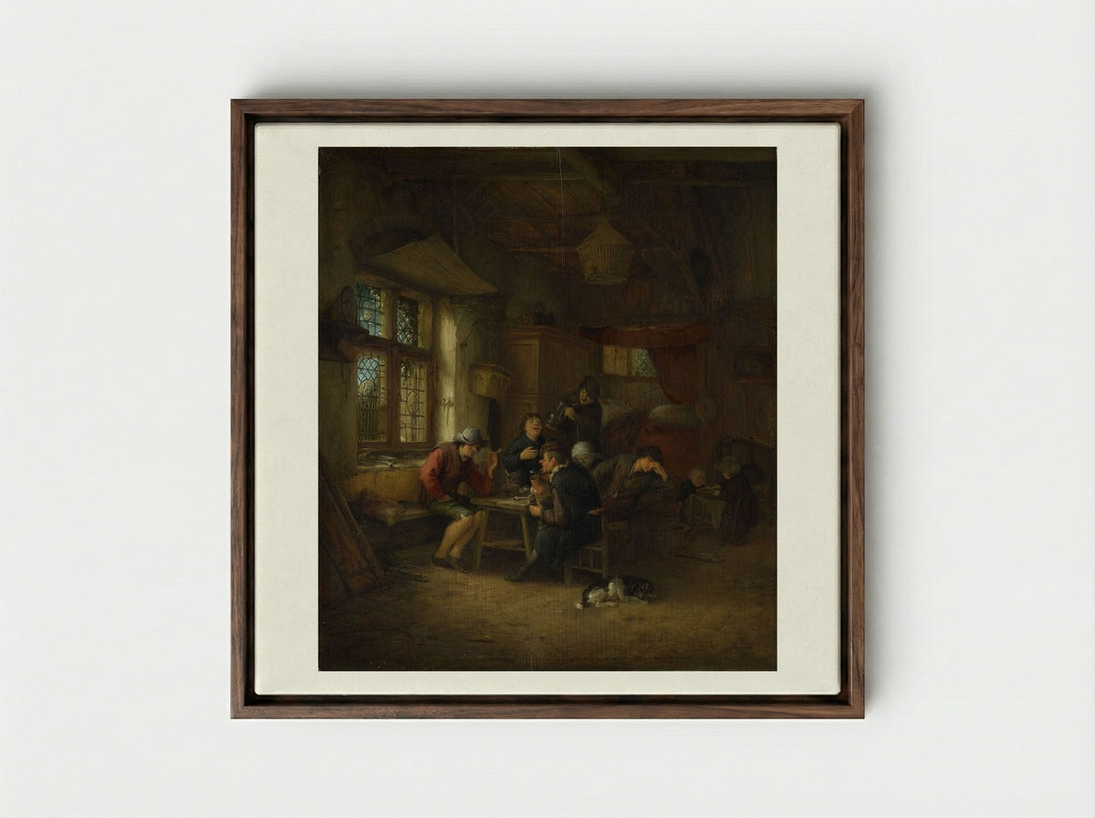 Interior of a Tavern - Adriaen van Ostade - Framed Canvas Dark Wood