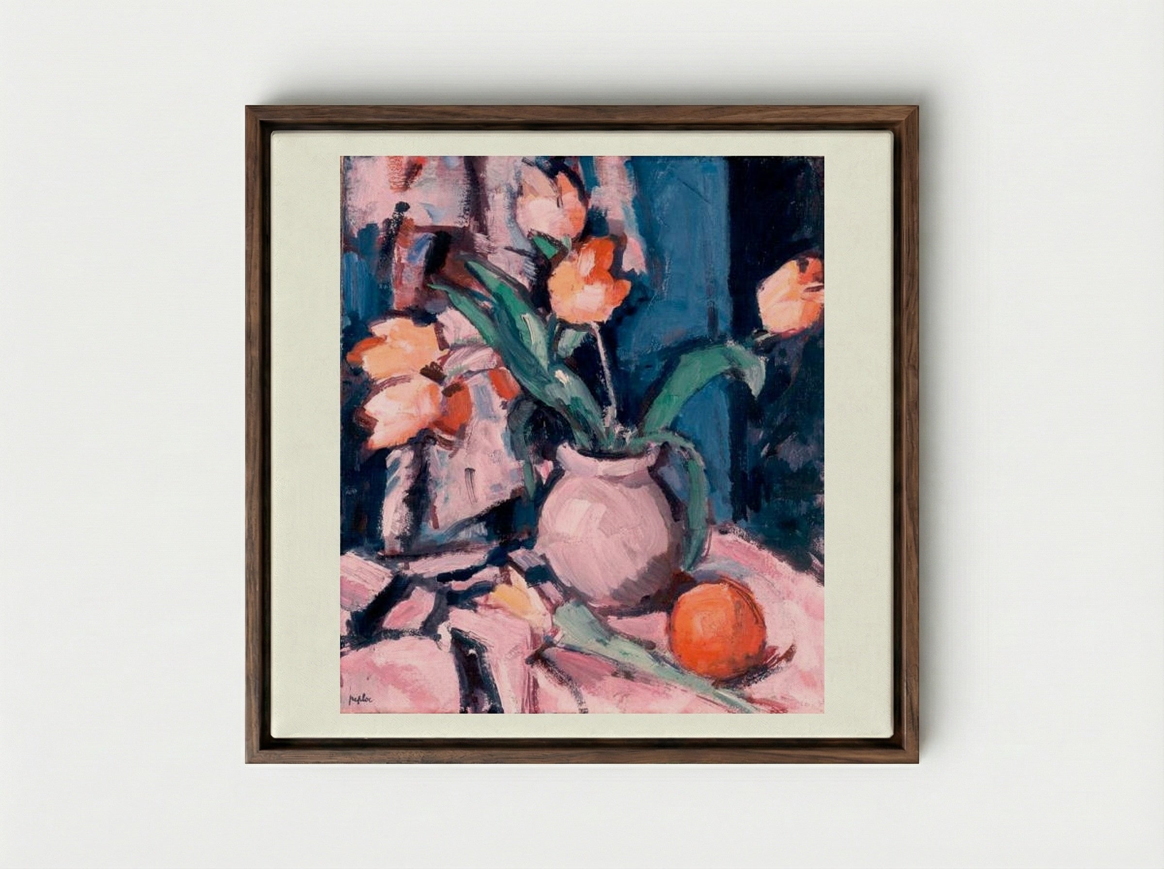 Tulips in a Brown Jar - Samuel Peploe - Framed Canvas Dark Wood